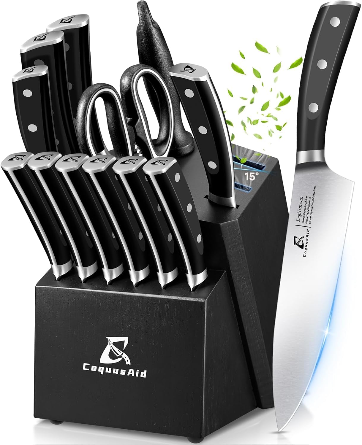 CoquusAid Knife Set, 15 PCS Kitchen Knife Block Sets with Sharpener, 6 Steak Knife Set Serrated with Block, Forged German Stainless Steel Rust Proof