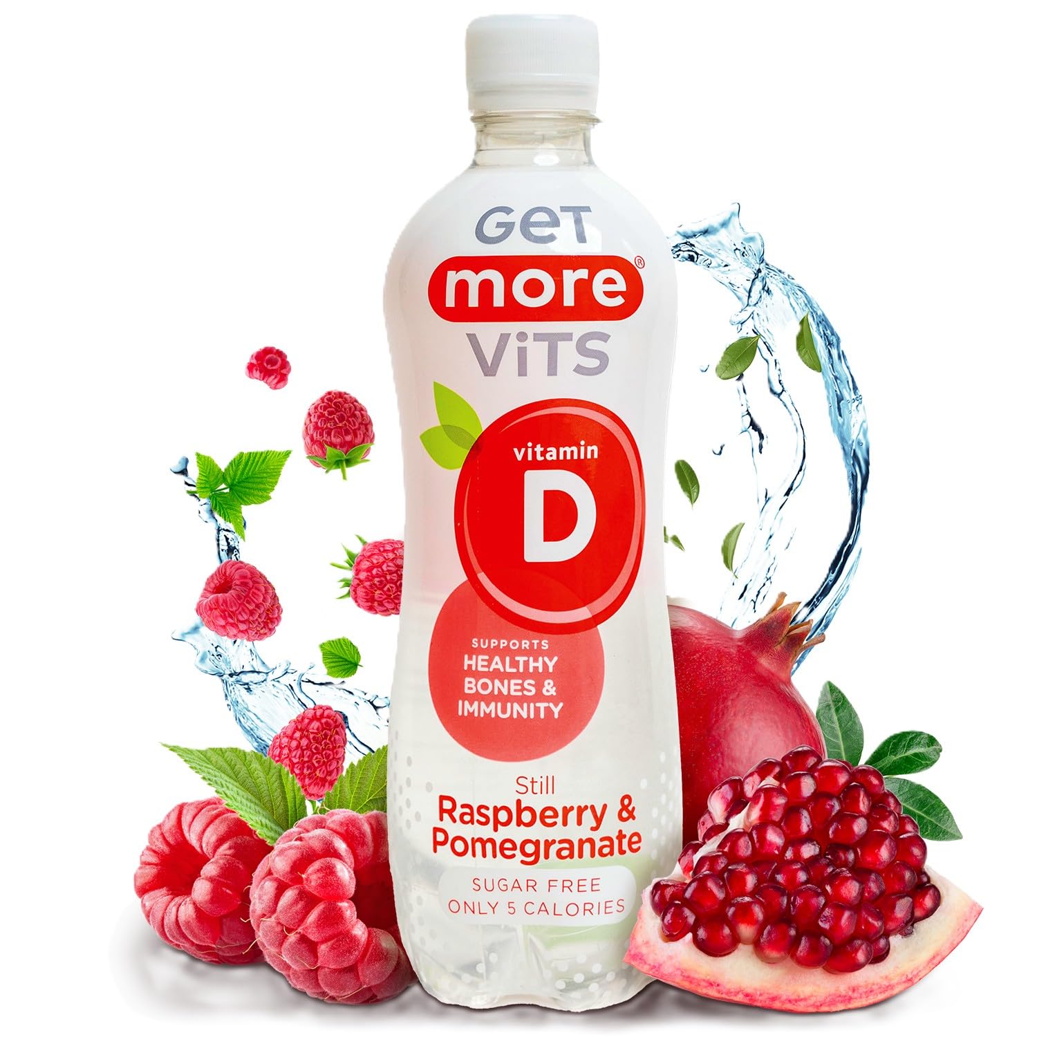 Get More Vits - Vitamin D Still Raspberry & Pomegranate Spring Water (12 x 500ml), Support Healthy Bones, Teeth & Muscles, Boost Immune System, Sugar