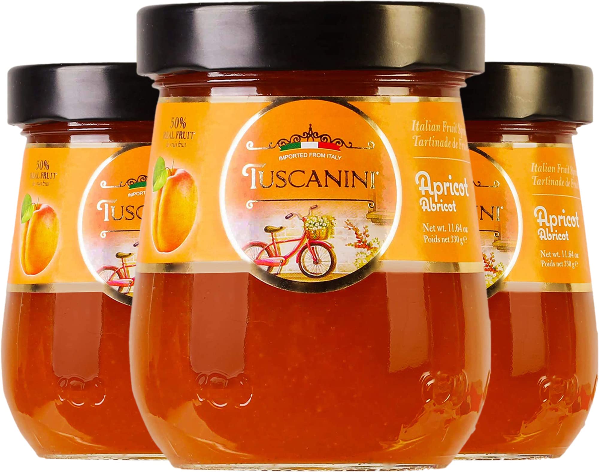 Tuscanini Premium Italian Apricot Preserves, 330g Jar (Pack of 3) 50% Real Fruit | Spreadable Fruit Jam | No High Fructose Corn Syrup | Non GMO |