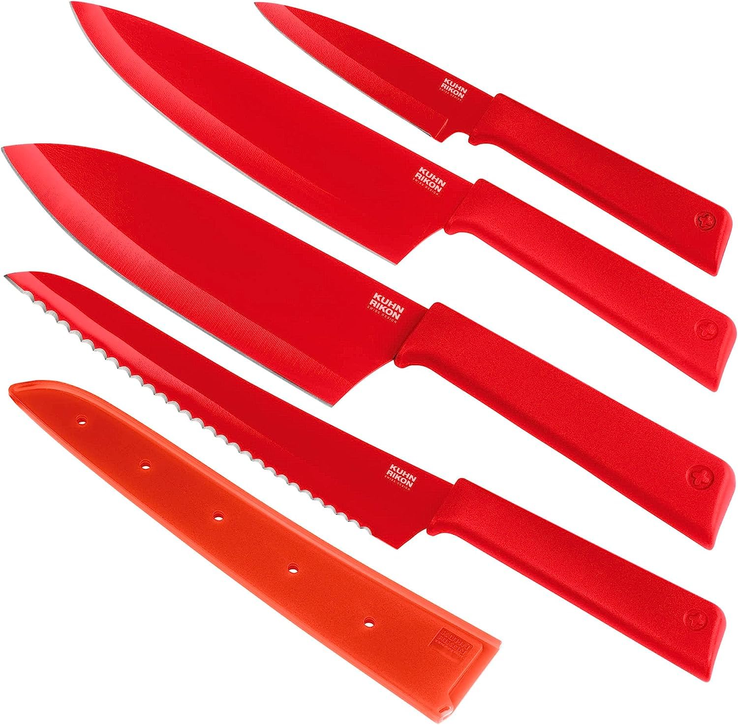 Kuhn Rikon Colori+ Mixed Kitchen Knife Set with Blade Covers. Includes Chef's, Bread, Santoku and Paring Knives. Ultra-Sharp Japanese Stainless Steel