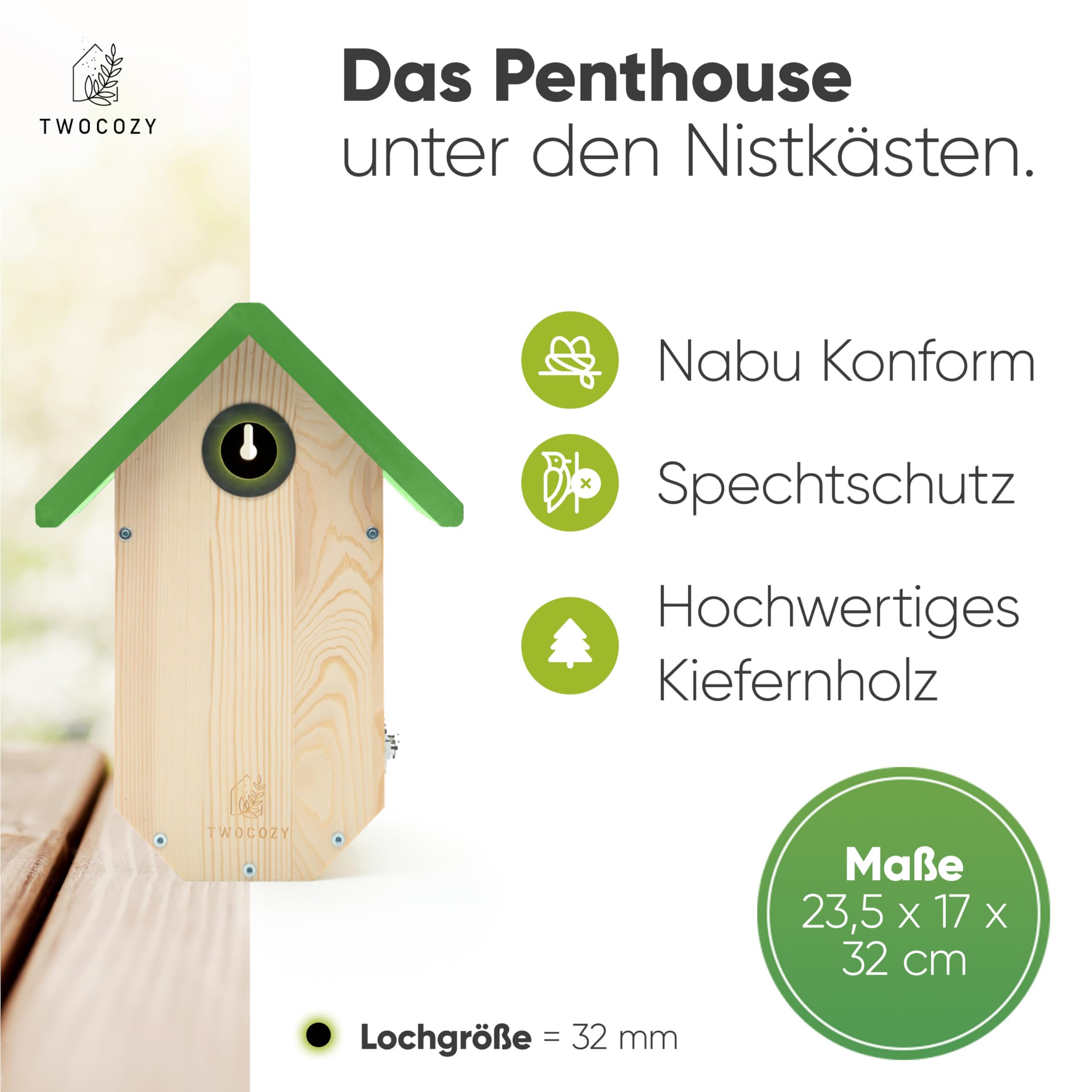 TWOCOZY Premium Nesting Box for Tits, Great Tits [Woodpecker Protection & Nest Protection], Weatherproof & Screwed, Dimensions NABU Compliant, Bird