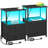 AMHANCIBLE Bedside Table Set of 2 with Charging Station, Small Side Table with LED Light, Nightstand with 2 Fabric Drawers and Open Storage Shelf,