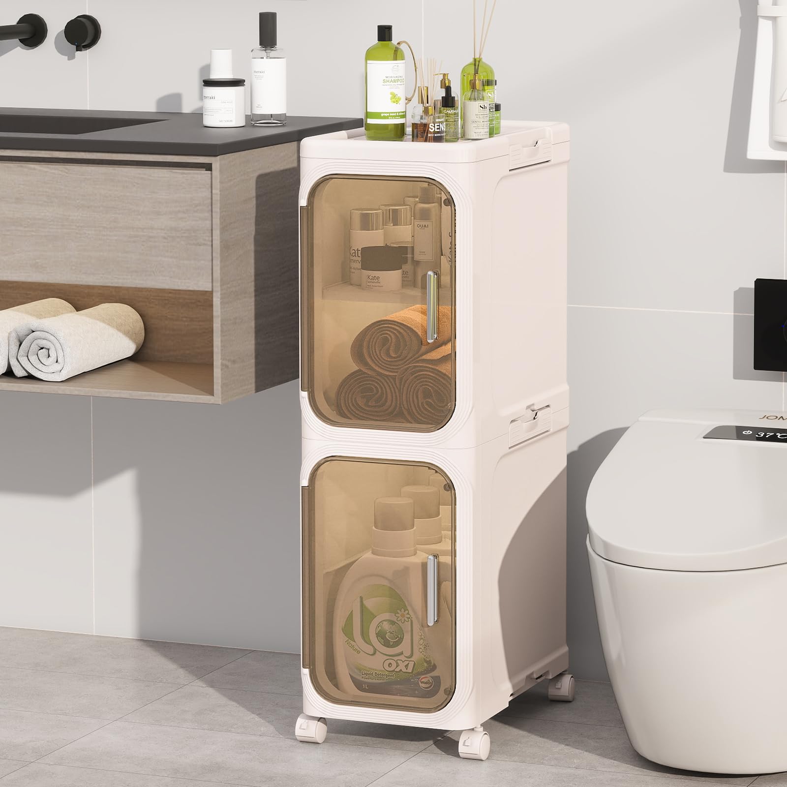 KHNR 2-Tiers Slim Bathroom Storage Cabinet, Foldable Storage Cabinets,Narrow Bathroom Storage,Movable Bathroom Storage Organizer for Small