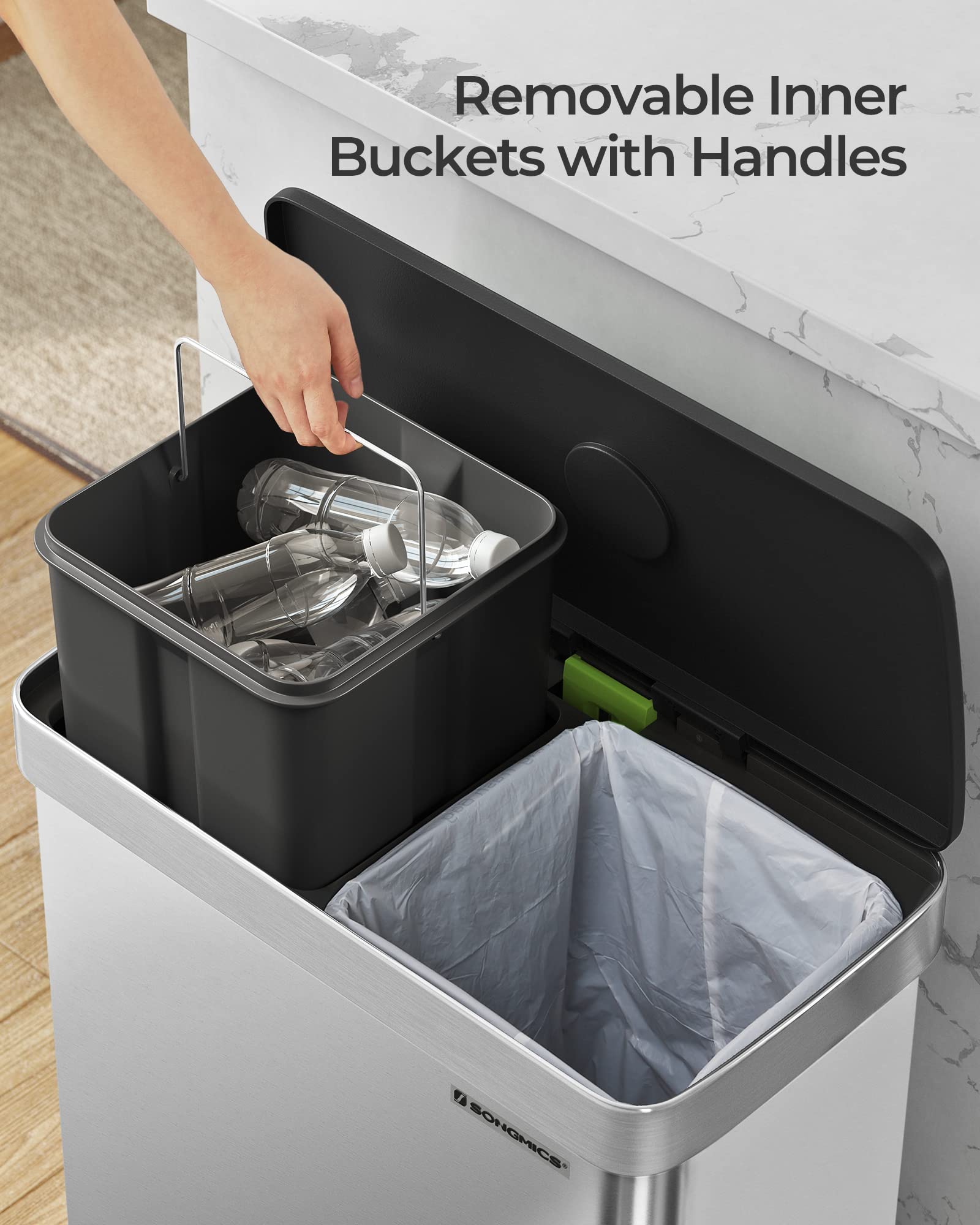 SONGMICS Kitchen Bin, 2 x 30L Stainless Steel Pedal Rubbish Bin with 15 Trash Bags, Recycling and Waste, with Plastic Inner Buckets, Lid, Soft