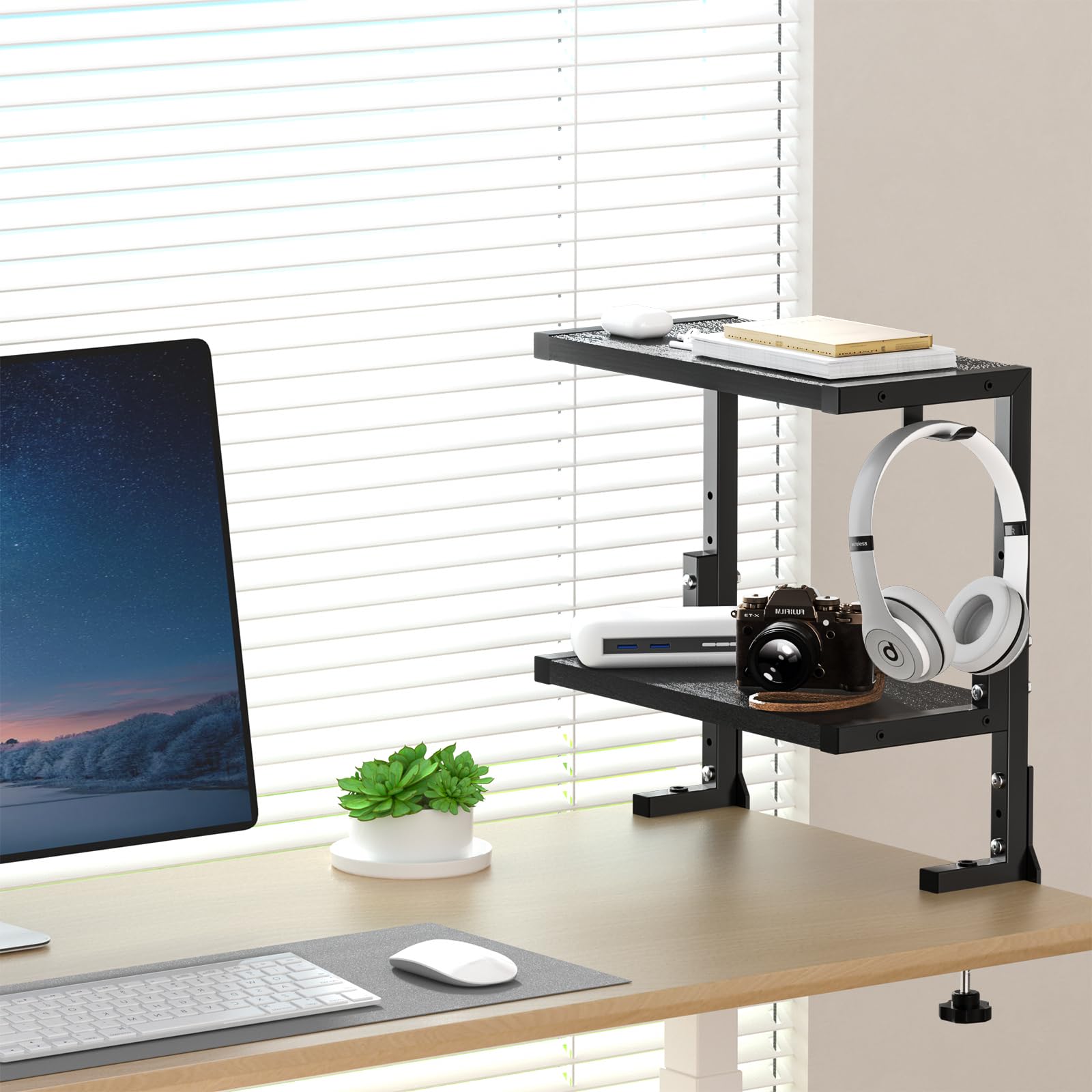 PUTORSEN 2-Tier Clamp-On Desk Shelf - Adjustable Height and Versatile Hook, Above or Under Desk Storage for Office & Gaming, Black