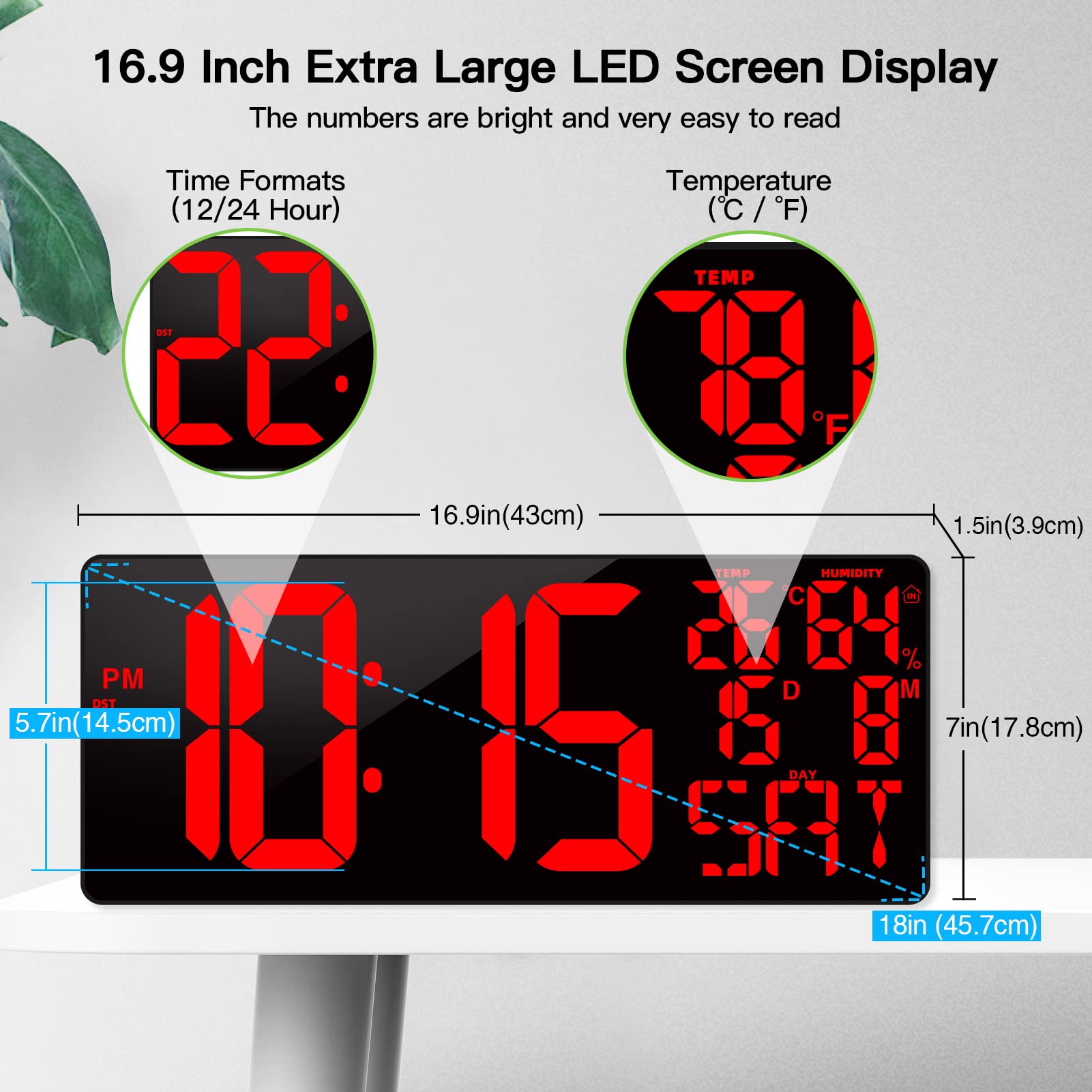 XREXS 18 Inch Extra Large Digital Wall Clock with Remote Control, LED Large Wall Clocks, Count Up/Down Timer, Auto-Dimming Alarm Clock with