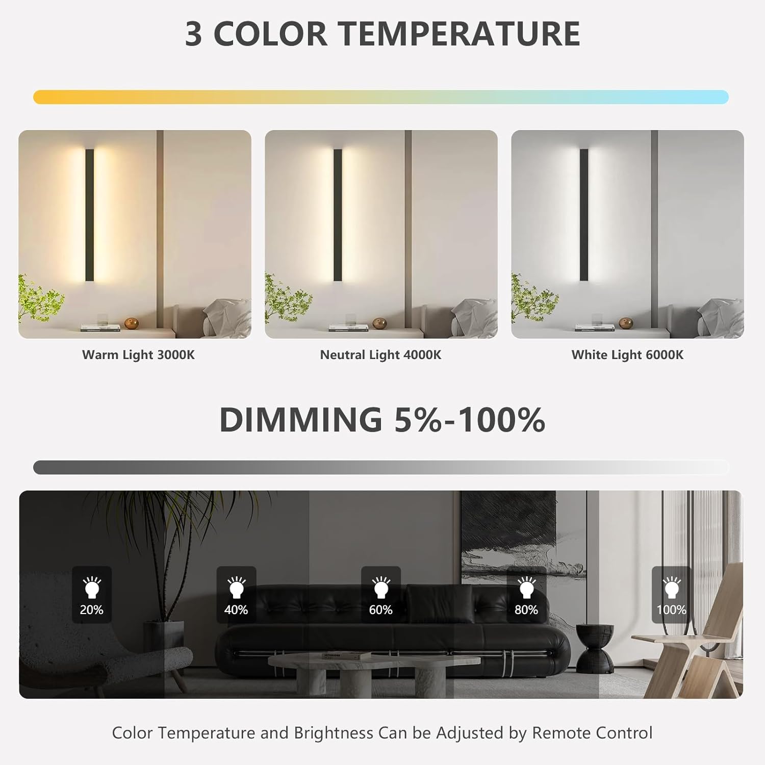 LED Wall Light Long Strip Dimmable 3000 6500K App Remote Control 100cm SUCIKORIO