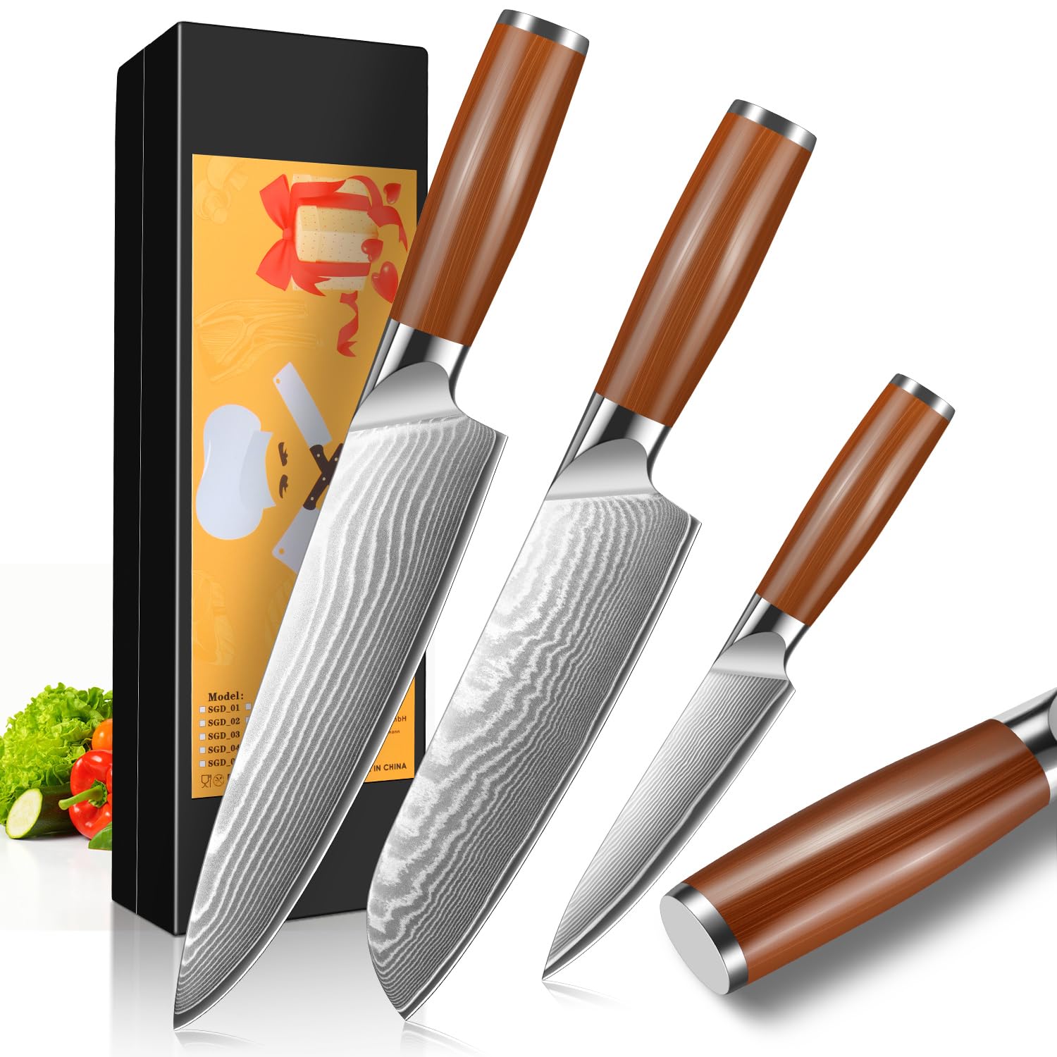 Home Safety Knife Set, 3 Pieces Damascus Kitchen Knives Set Made of 67-Layers 10Cr15MoV Damascus Steel, Chef Knife Set with Ergonomic Stainless Steel