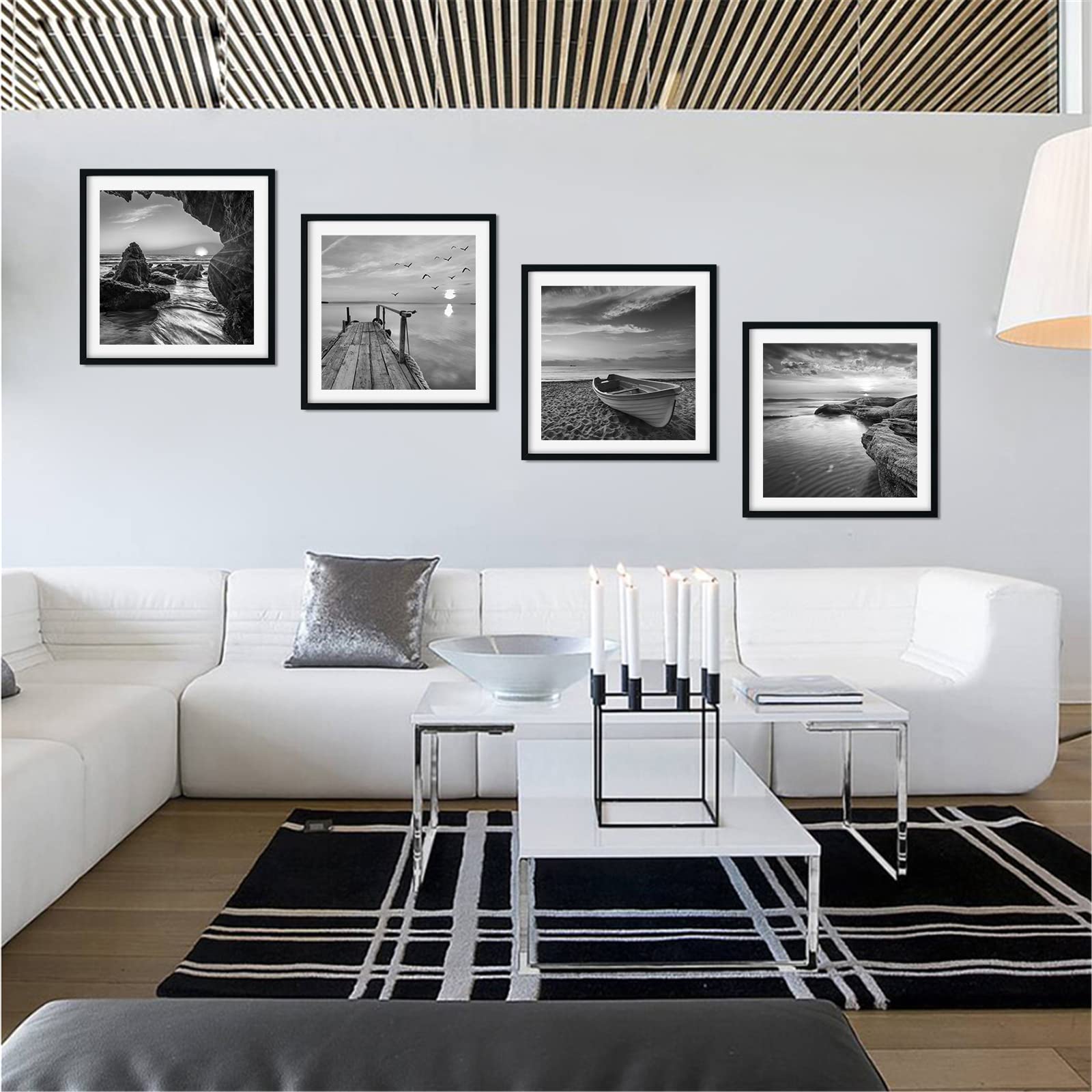 Black And White Wall Art - Sea And Beach In Sunrise Prints Wooden Framed 12x12 Inches Pictures Seascape Artwork 4PCS Boat Scenery Card Paper Paintings