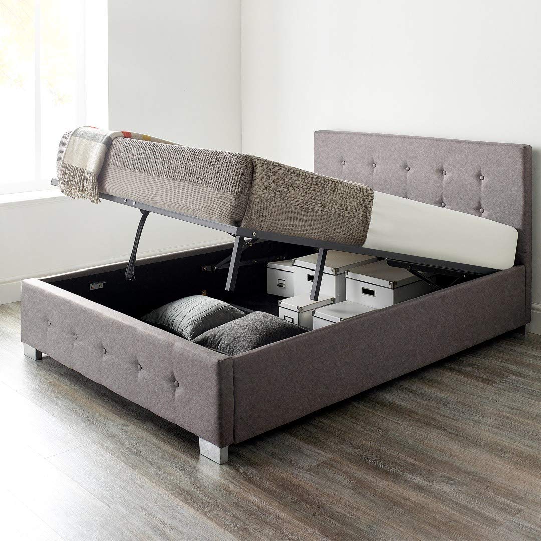 Aspire Beds Upholstered Storage Ottoman Bed Frames With End or Side Opening Ottoman Lift, End Opening, Beige Linen, 4ft 6 Double 135 x 190