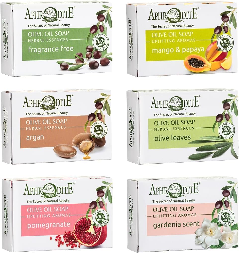 Aphrodite Olive Oil Soap Set, 6-Pack ? Natural from Greece with 100% Olive Oil (Fragrance-Free, Mango & Papaya, Argan, Pomegranate, Gardenia) ? Hand &