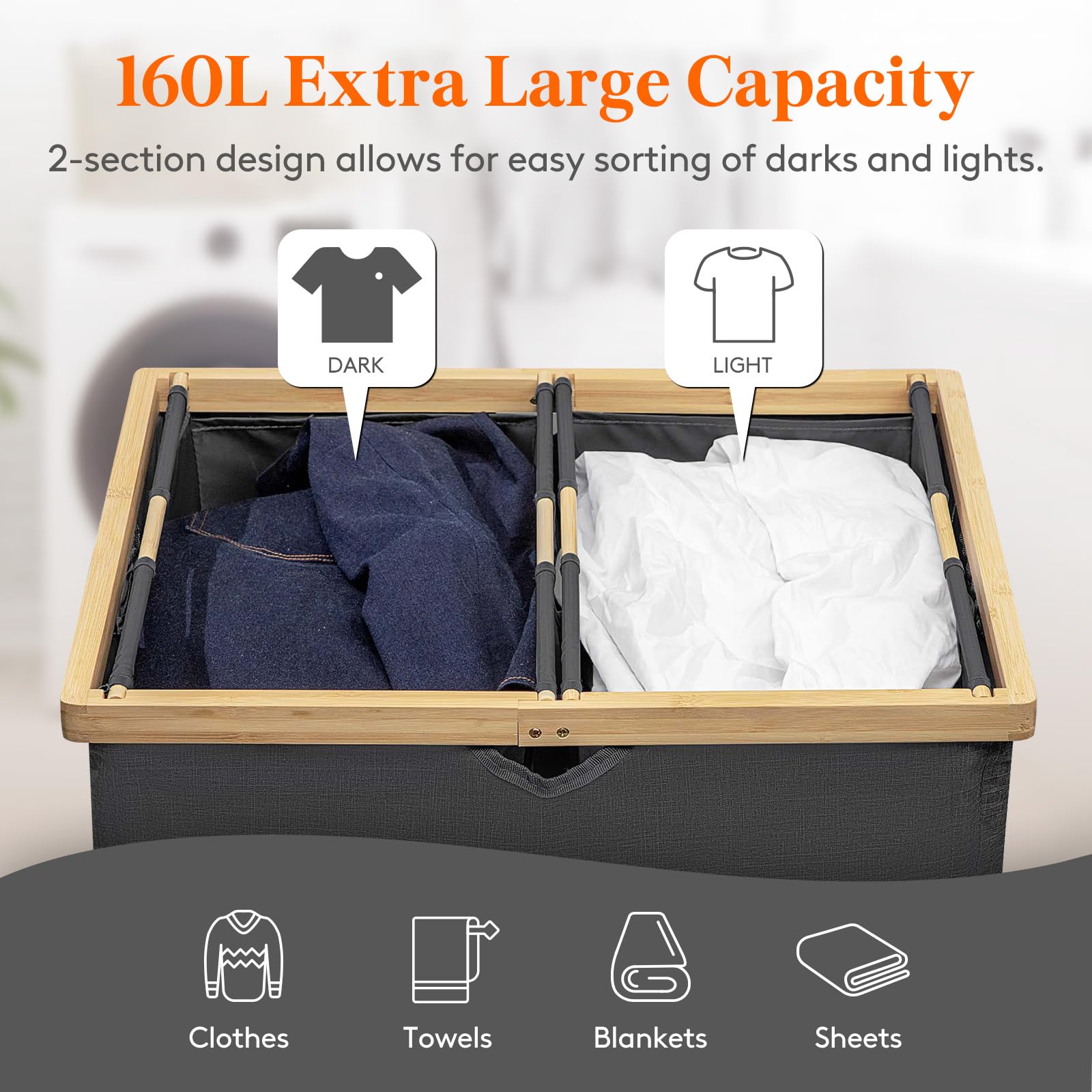Lifewit 160L Bamboo Laundry Basket with Lid, Washing Basket Laundry Basket 2 Compartments Laundry Hamper Dirty Clothes Basket Bin with 2 Removable