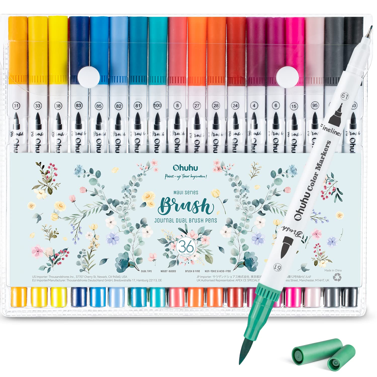 Ohuhu 36 Colours Dual Tips Colouring Pens, Water-Based Brsuh Markers with Fineliner for Calligraphy Drawing Sketching Colouring Journal Art Projects,