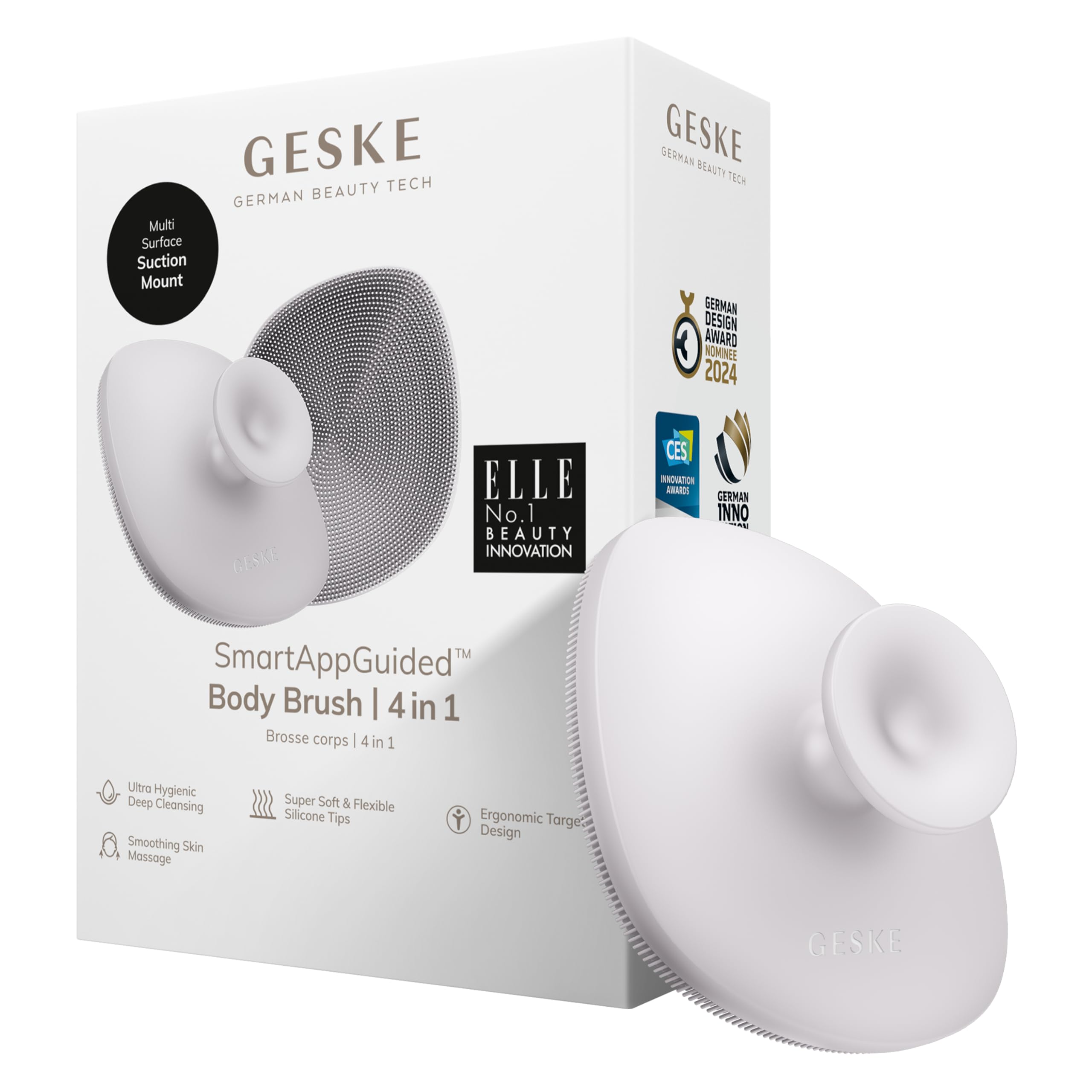 GESKE Body Brush | 4 in 1 | Cleansing Brush for The Entire Body | Professional Deep Cleaning | Soft Silicone Bristles | Ergonomic Two-Finger Design |