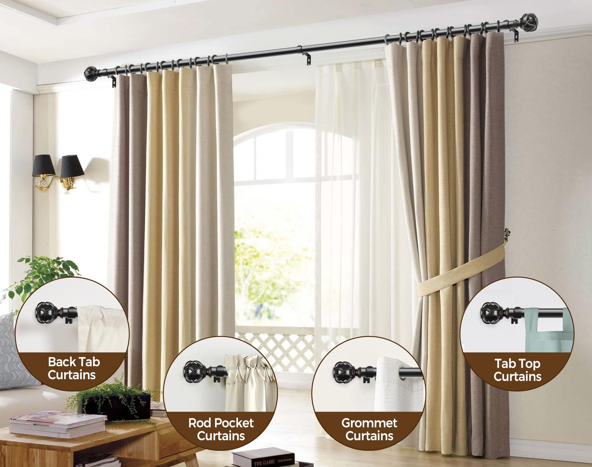 KAMANINA Black Curtain Poles for Eyelet Curtains, Adjustable Curtain Pole 80 to 365 cm, 22 mm Diameter Single Curtain Rod with Netted Texture Finials,