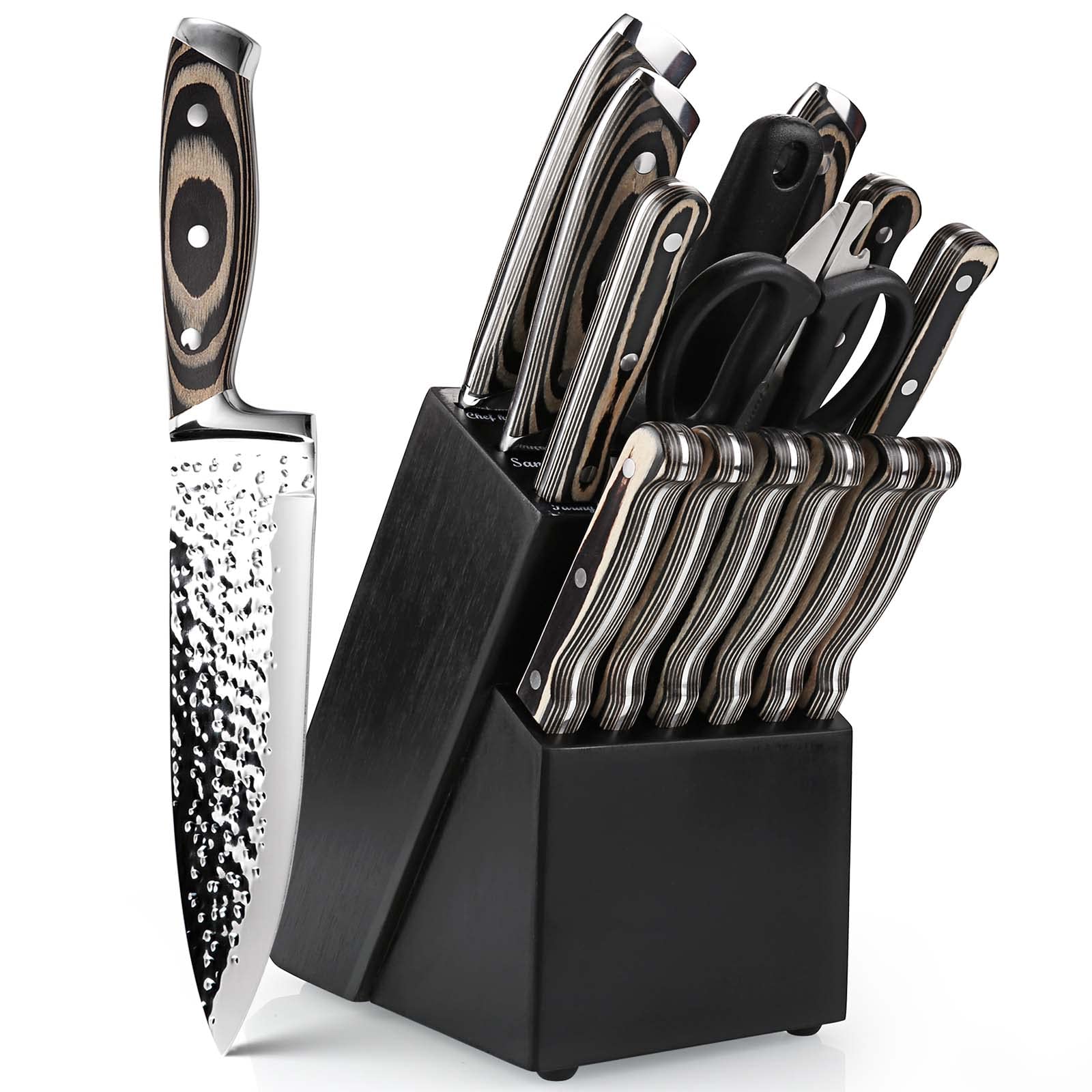 15PCS Kitchen Knife Set, Professional High Carbon Japanese Stainless Steel Chef Knives with Wooden Block, Ultra Sharp Knife Set with Irregular Hammer