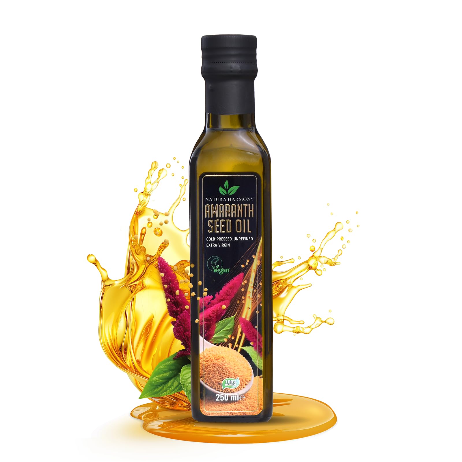 Natura Harmony Amaranth Oil 250ml | Cold-Pressed & Unrefined Extra Virgin Edible Oil | Naturally High in Squalene & Vitamin E | Nutty Taste for