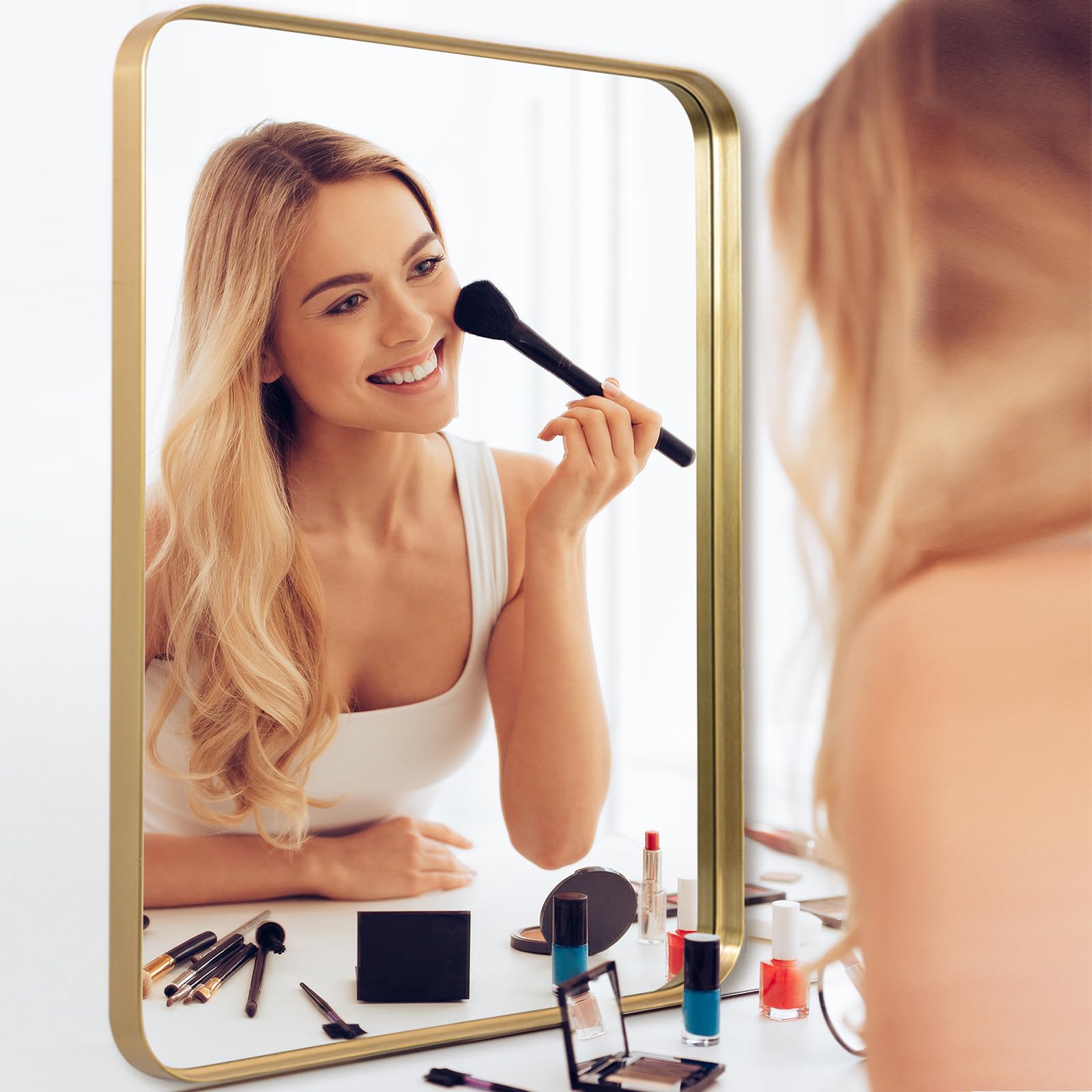 LunaMirror Wall Mirror 50x75 CM Wall-Mounted Bathroom Vanity Mirror Stylish Gold Mirror Wall Decor Rectangle Wall Hanging Mirror with Curved Corners