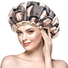 mikimini Reusable Shower Cap for Women with Long Hair, Secure-Fit Elastic Band, Champagne Print Large Double-Layer Waterproof and Washable Hair Cover