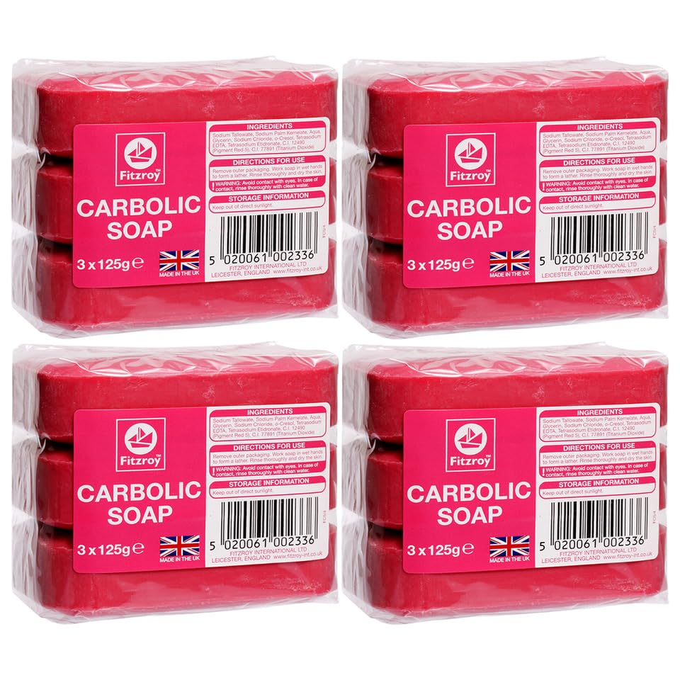 Fitzroy Carbolic Soap Original 12 Bars (4 Packs of 3x125g soaps) | Antibacterial Soap | Antifungal Soap | Laundry Soap Bar | Traditional Antiseptic