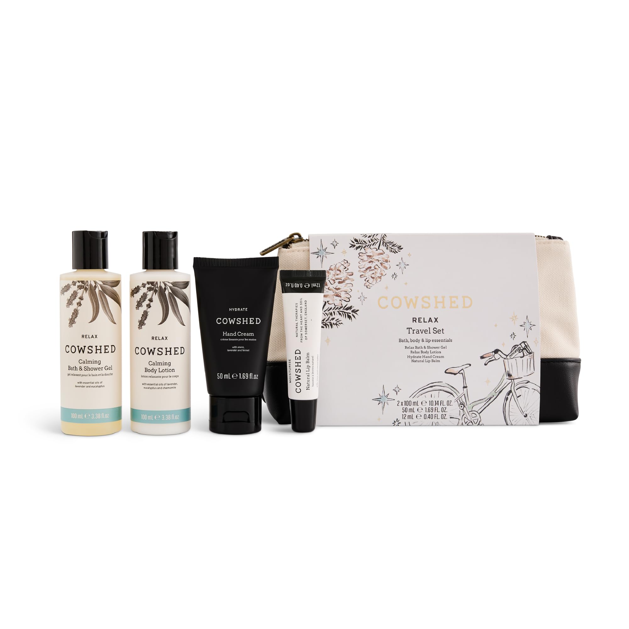 Cowshed Travel Set - Relax Bath & Shower Gel, Body Lotion, Refresh Hand Cream & Natural Lip Balm Set - Luxury Gift Sets for Women - Travel-Friendly