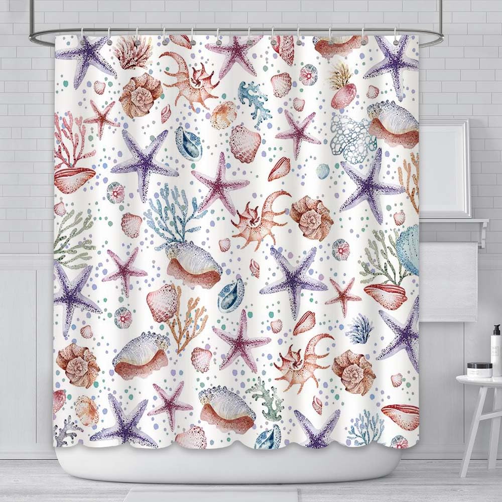 AIBIIN Ocean Coral Shower Curtain Beach Marine Animal Starfish Conch Coral Coastal Bathroom Curtains Durable Polyester Material with 12 Hooks