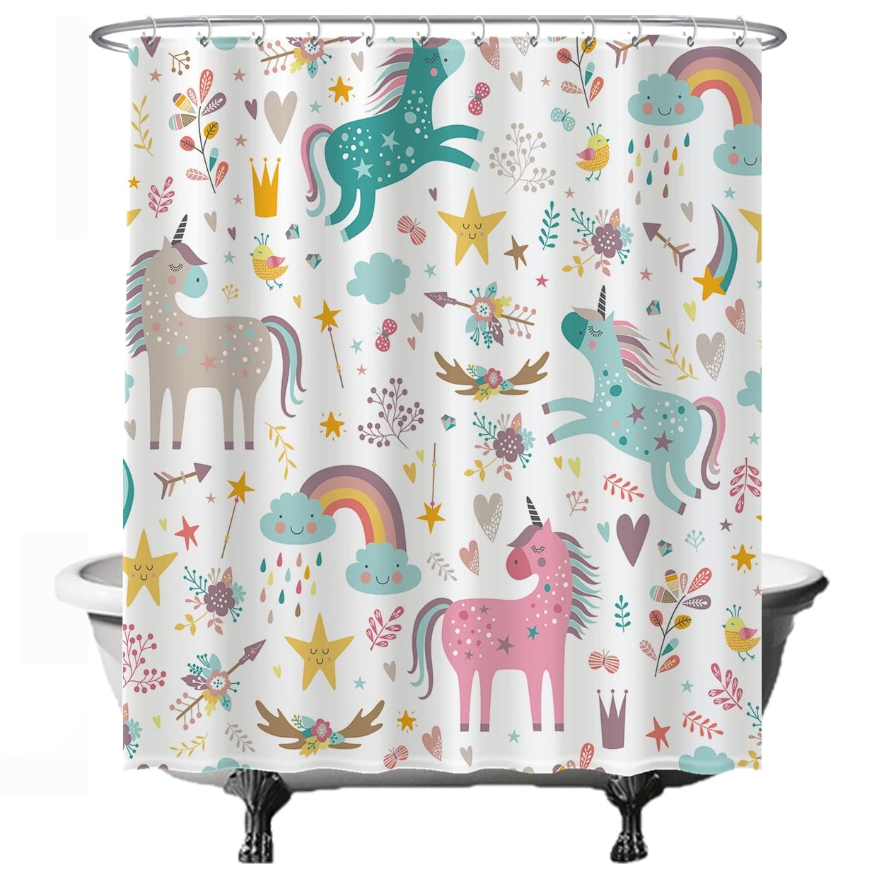 Ulticool Shower Curtain - Unicorn Horse Clouds Star Rainbow - 180 x 200 cm - Washable - Waterproof - with 12 Rings - White Pink Brown Green