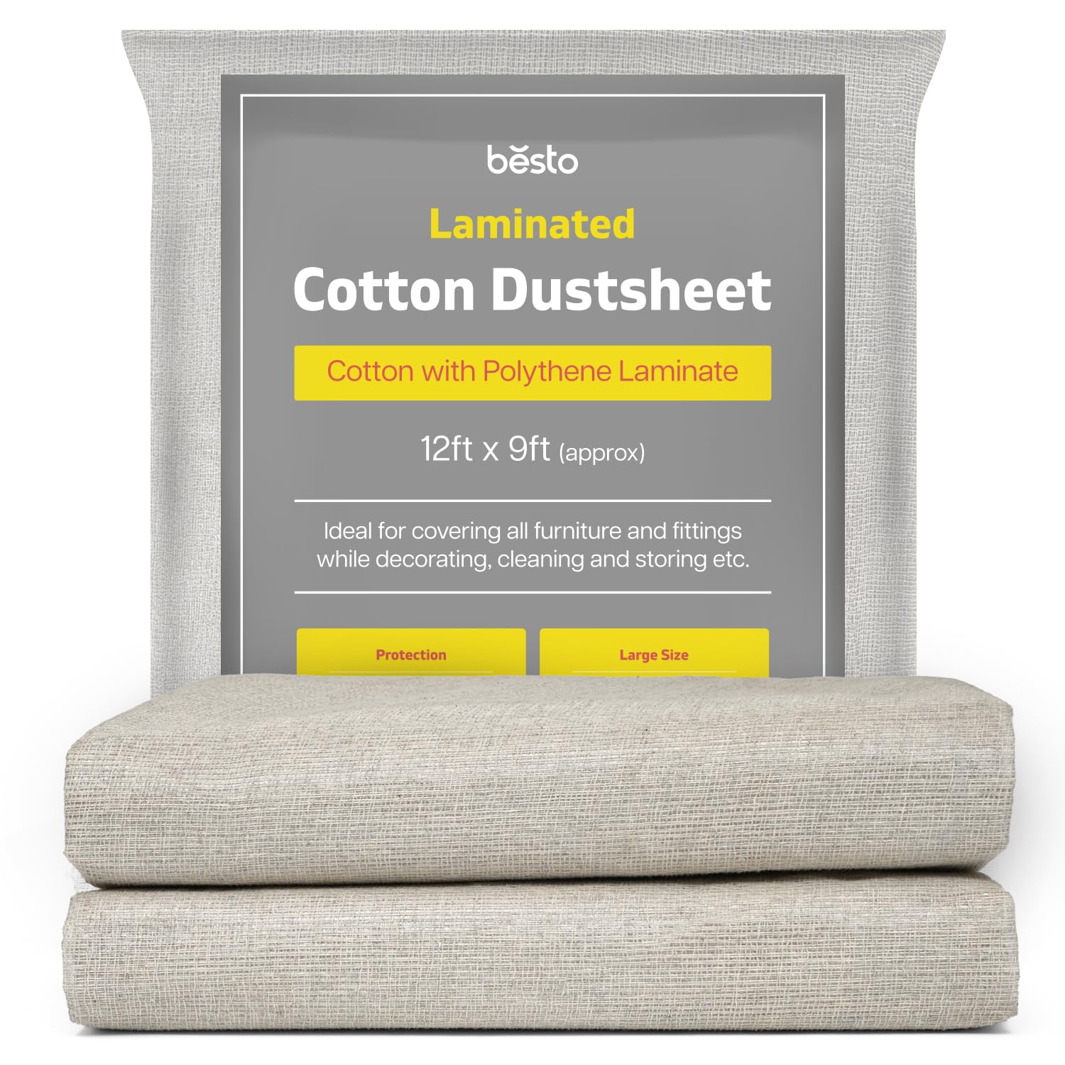 Pack of 2 Laminated Cotton Dust Sheets for Decorating, Waterproof 12ft x 9ft Dust Sheets Twill Laminated Polythene Backed Reusable Paint Sheets for