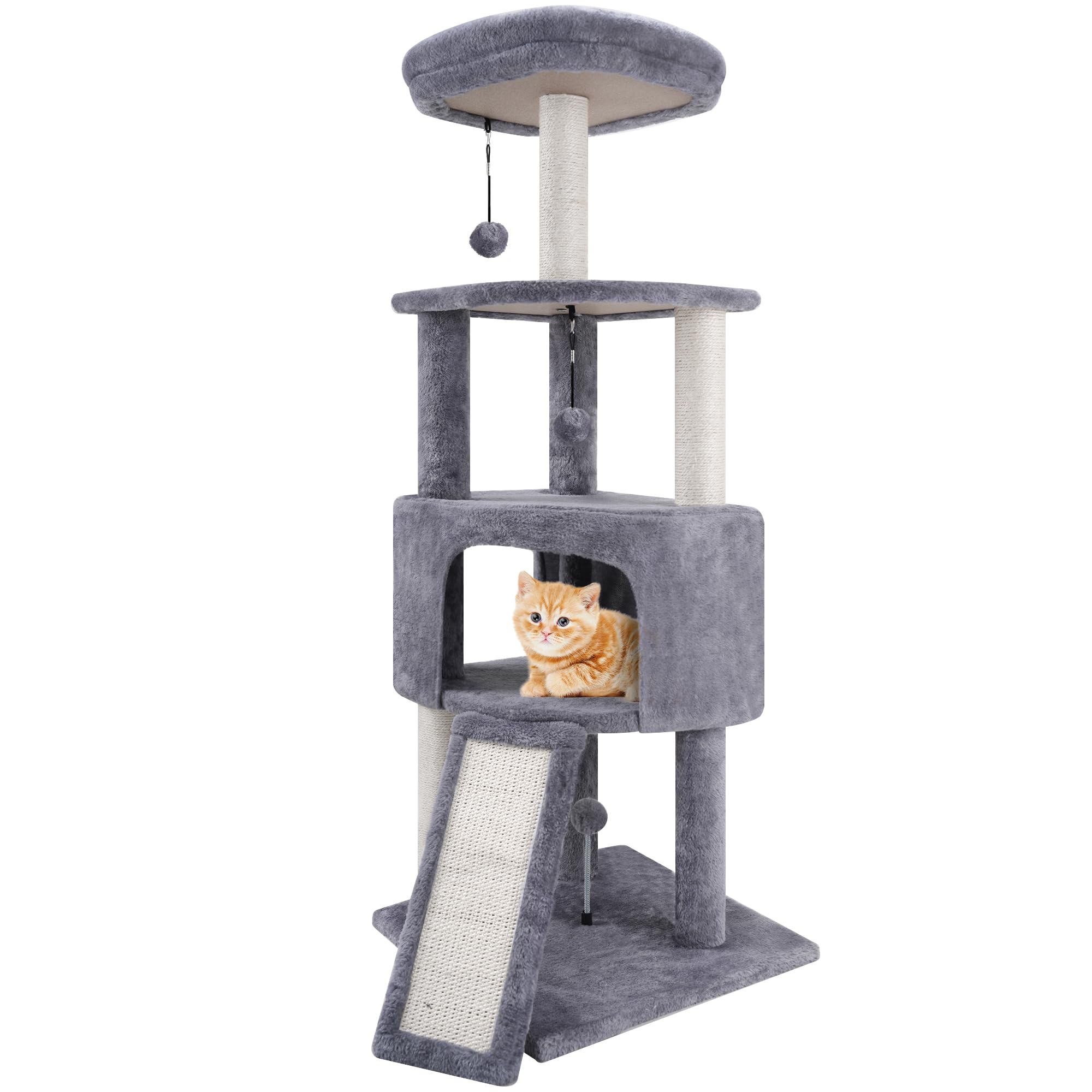 TWDEPART Cat Tree Tower with Scratching Posts & Condo, Climbing Activity Centre with Hanging Balls, Grey