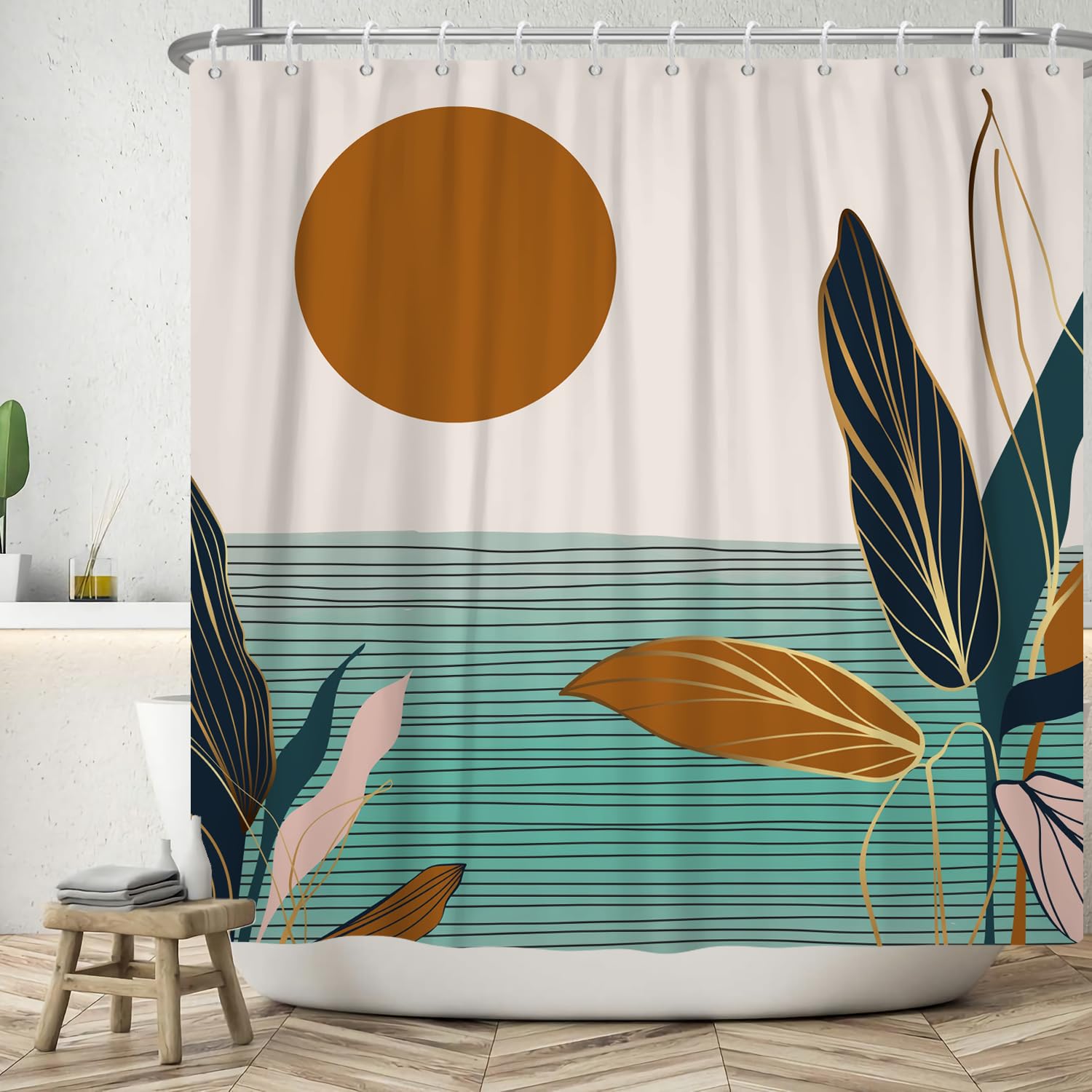 ASDCXZ Boho Shower Curtain 180x180 cm, Modern Abstract Art Brown Sun Blue Gold Leaves Grey Washable Bath Shower Curtains Polyester Textile Waterproof