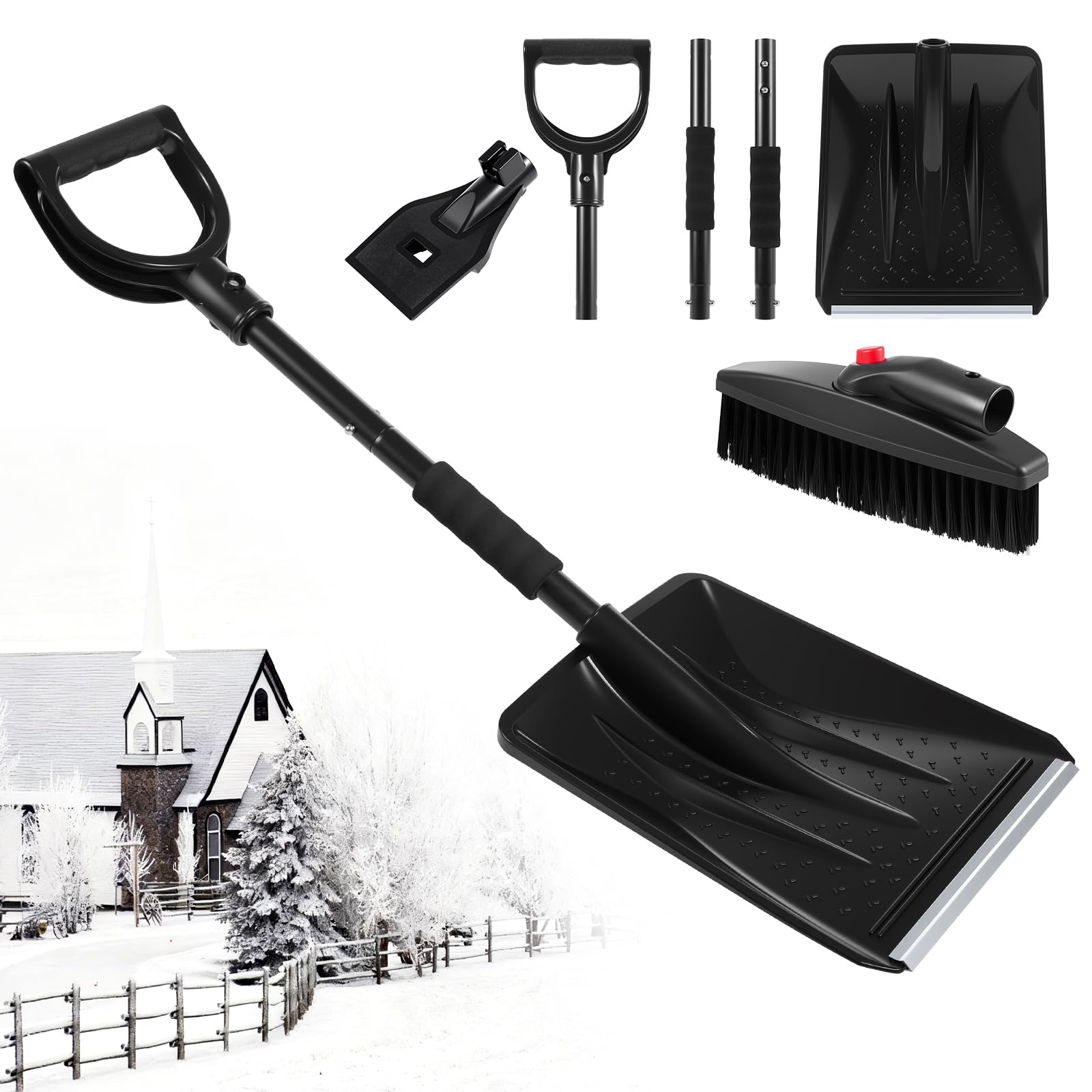 BAIEGOED Heavy-Duty 3-in-1 Snow Shovel - Snow Spade with Ice Scraper, Snow Brush & Ergonomic Pusher for Cars, Camping, Beach, Wilderness & Emergency