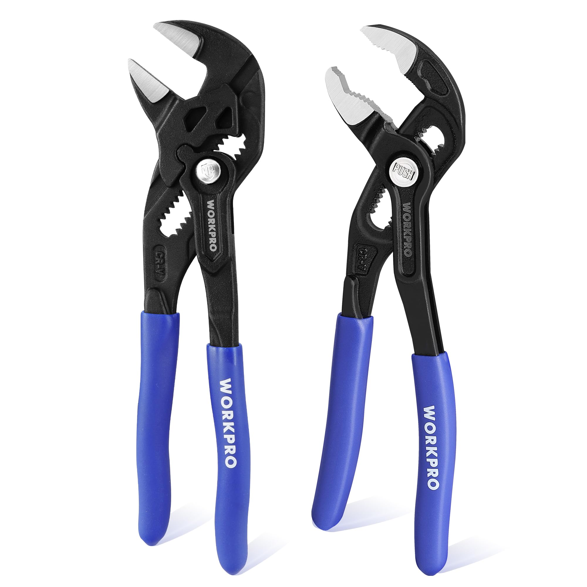 WORKPRO 2-Pack 180mm Water Pump Pliers & Adjustable Plumbers Wrench Set, 42mm & 40mm Wide Opening Groove Joint Plier Set, V-Jaw Quick Adjustable