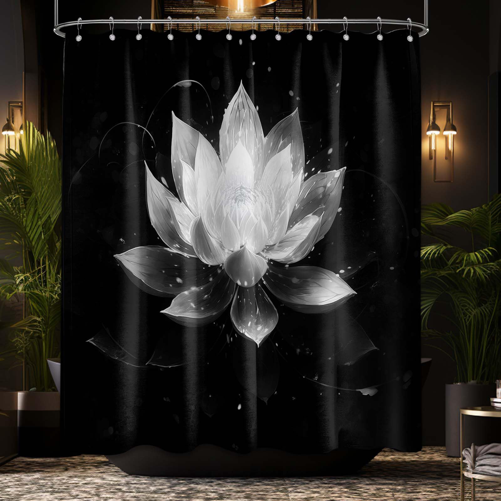 LanZanthic Lotus Shower Curtains for Bathroom Black and White Floral Spa Zen Wet Room Shower Curtain, Washable, Waterproof, Cloth Fabric, 180 x 240 cm