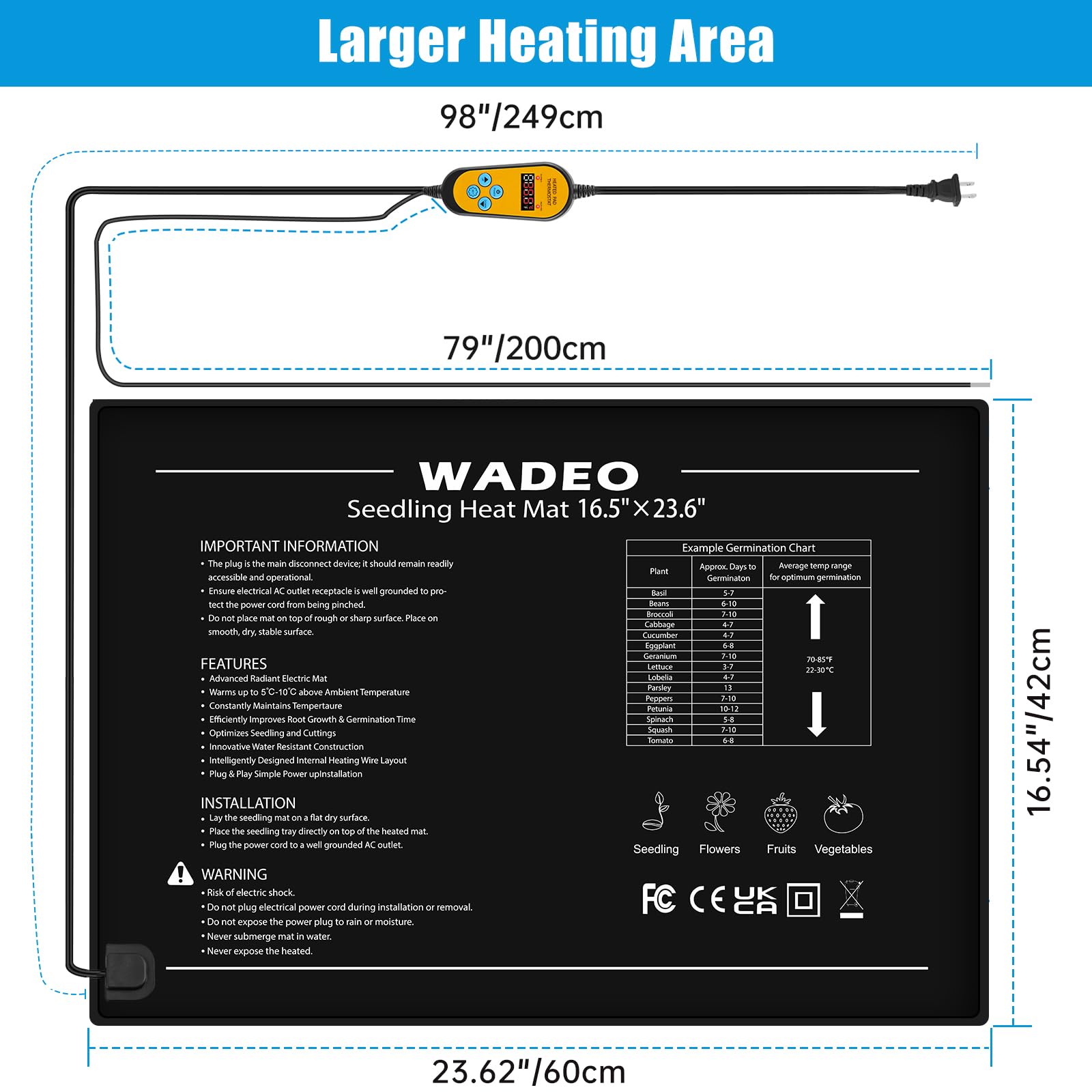 WADEO Large Heat Mat for Plants 60 X 42cm, 50W Seedling Heat Mat with Thermostat 5 to 45?C, Waterproof & Durable Plant Heat Mat, Heated Propagator for