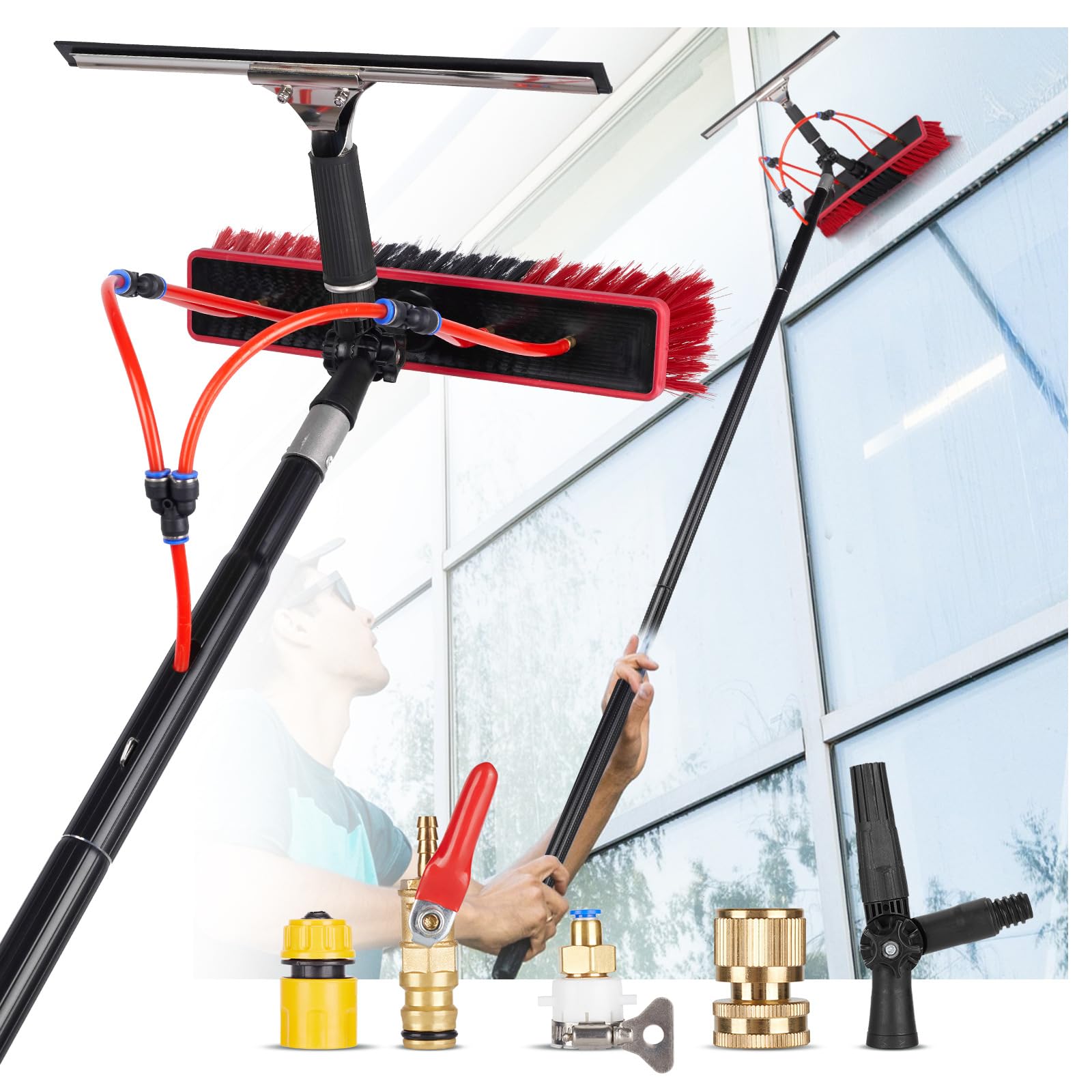 26ft Water Fed Pole Kit - Aluminum Extended Cleaning Pole with 22in Brush & Bendable Duster | Solar Panel/Window Cleaner, Squeegee Tool for Glass,