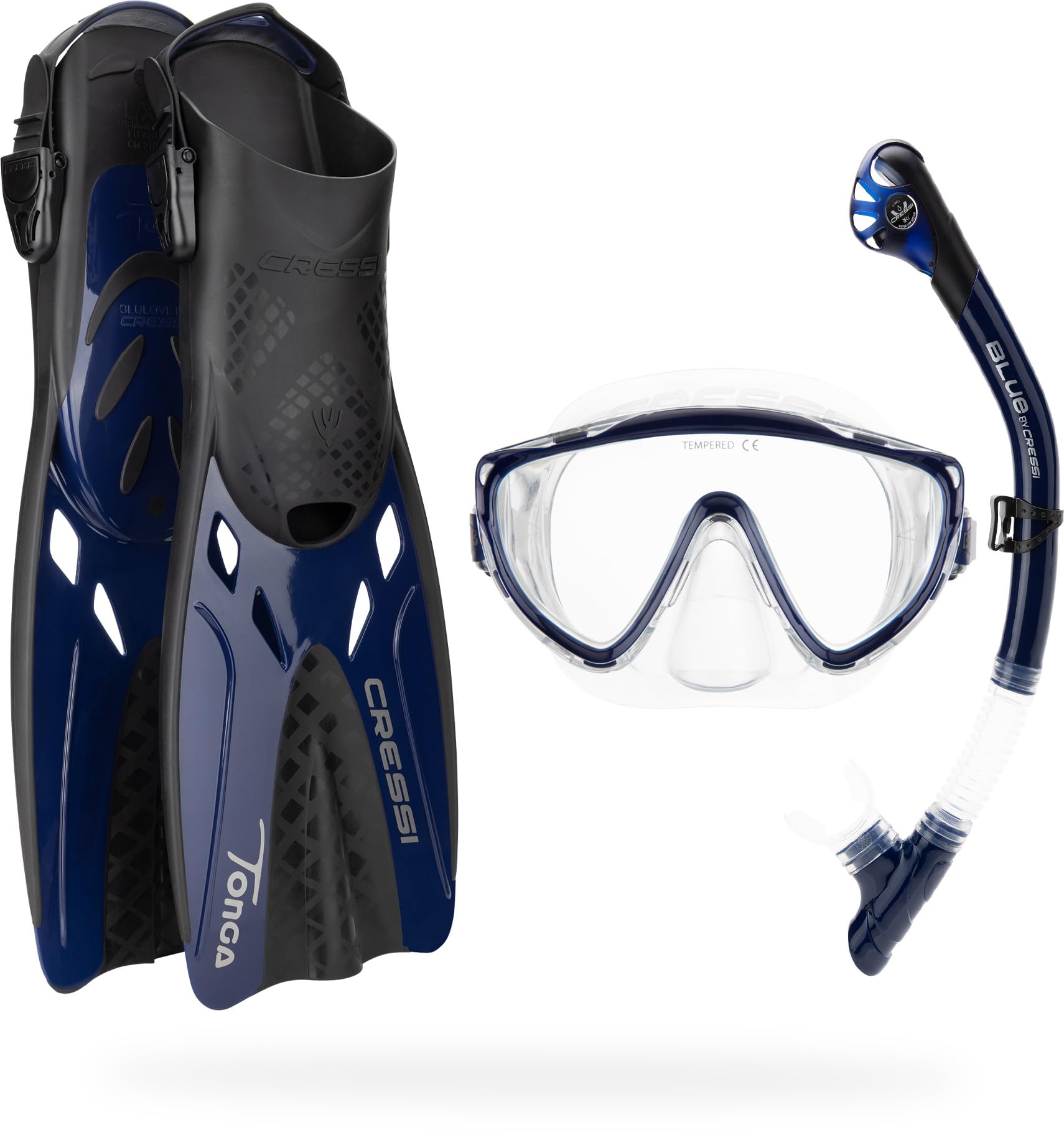 CRESSI Tino Adventure Set Clear/Blue Navy [S/M] - Snorkel Set Tonga Fins, Tino Mask and Scilla Snorkel for Snorkelling and Diving, Transparent/Blue