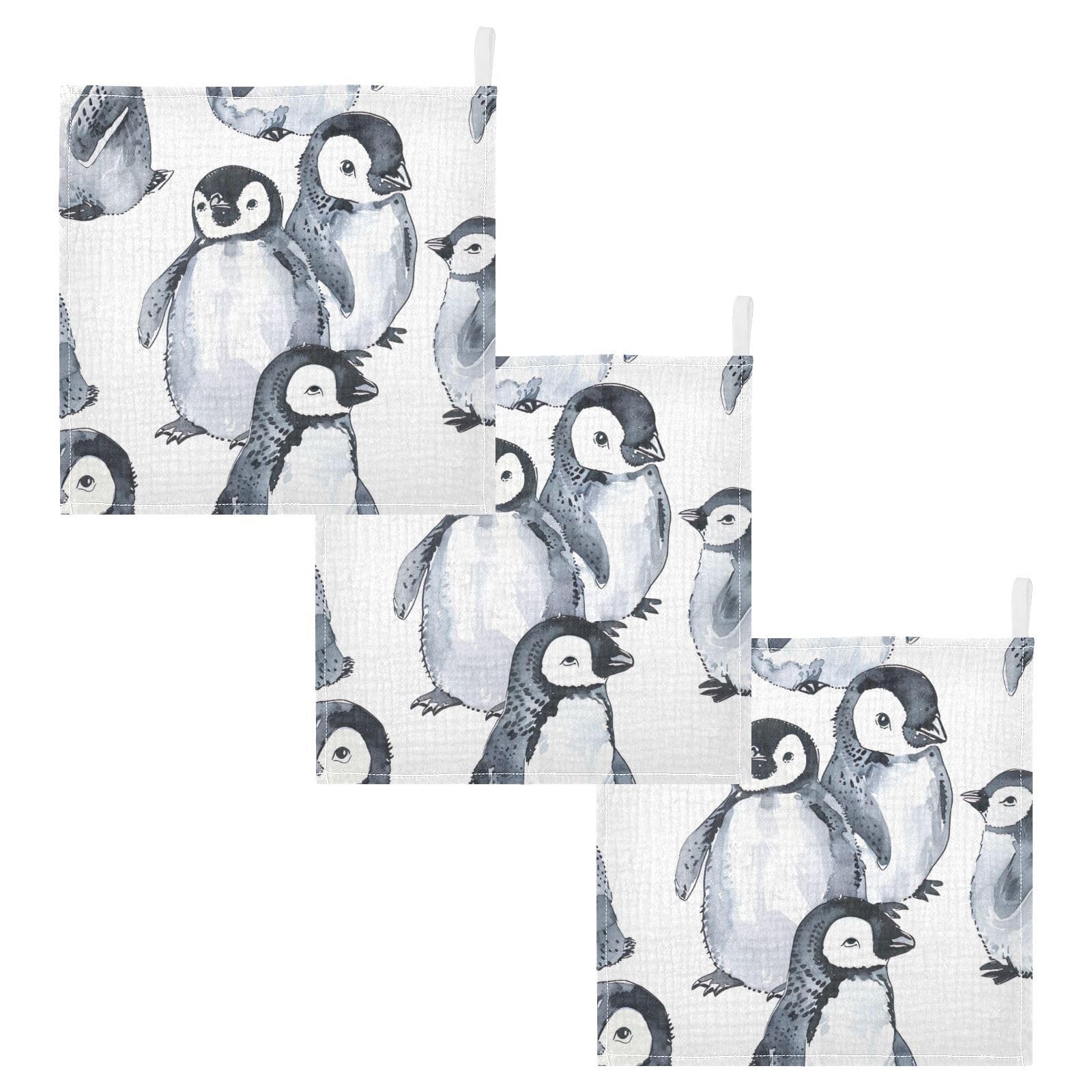 JUMBEAR Cute Penguins Muslin Baby Washcloths 3Pack,Baby Towels,Super Soft and Absorbent Wash Cloths for Newborns, Infants and Toddlers