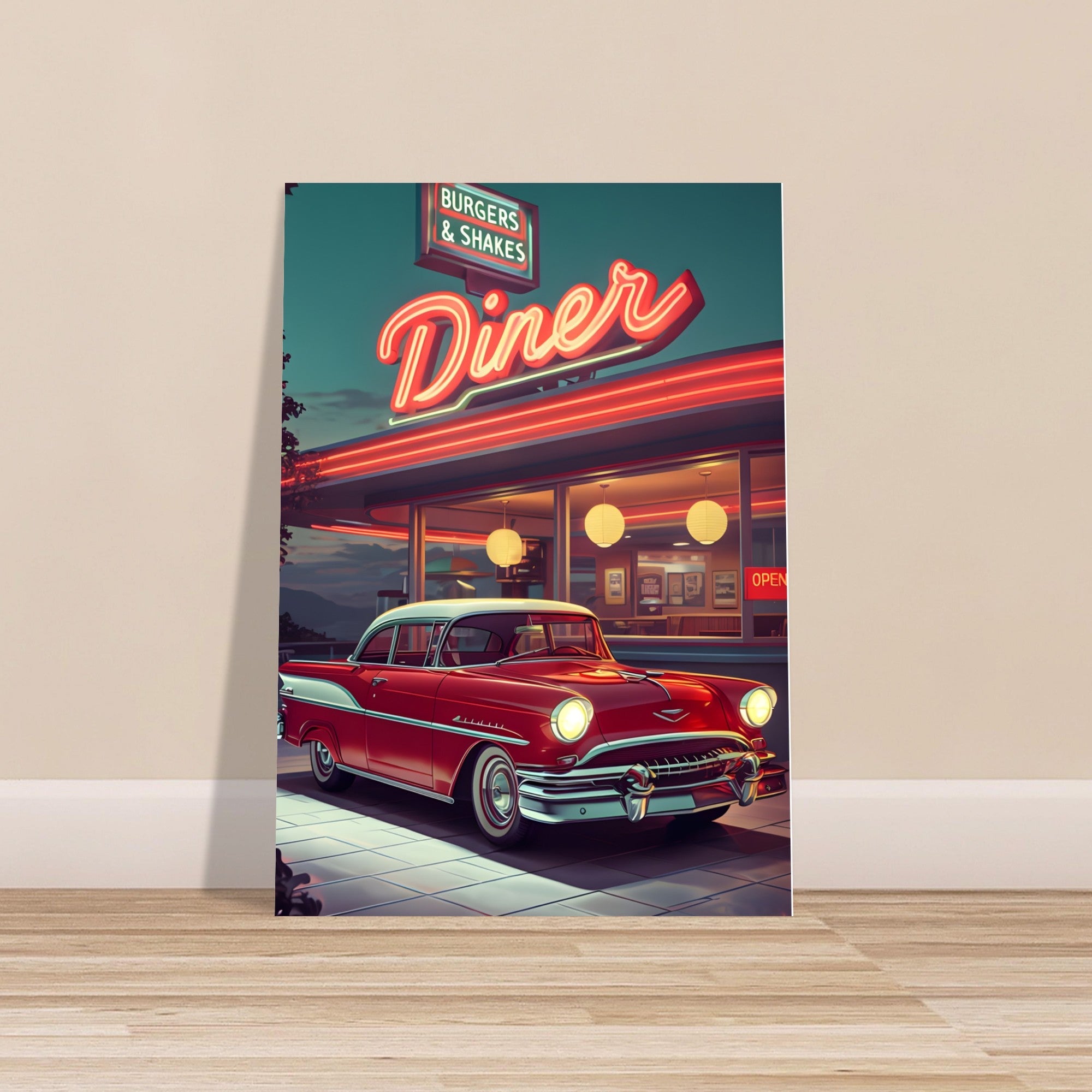 Vintage Red Car and Retro Diner Poster - Classic Americana Wall Art on Semi-Glossy Paper