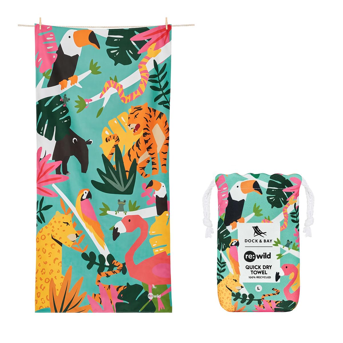 Dock & Bay Beach Towel - Quick Dry, Sand Free - Compact, Lightweight - 100% Recycled - Includes Bag - Doing Our Bit - Wild Things, Extra Large