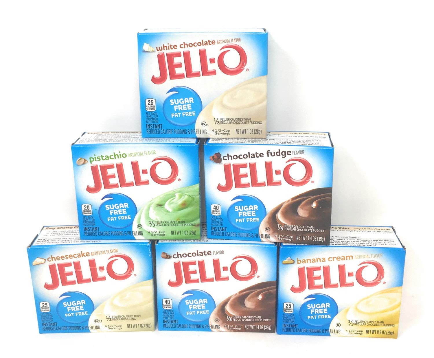 Jell-O Sugar Free Fat Free Pudding & Pie Filling Bundle of Six: Chocolate, Banana Cream, White Chocolate,Cheesecake, Pistachio and Chocolate Fudge (6