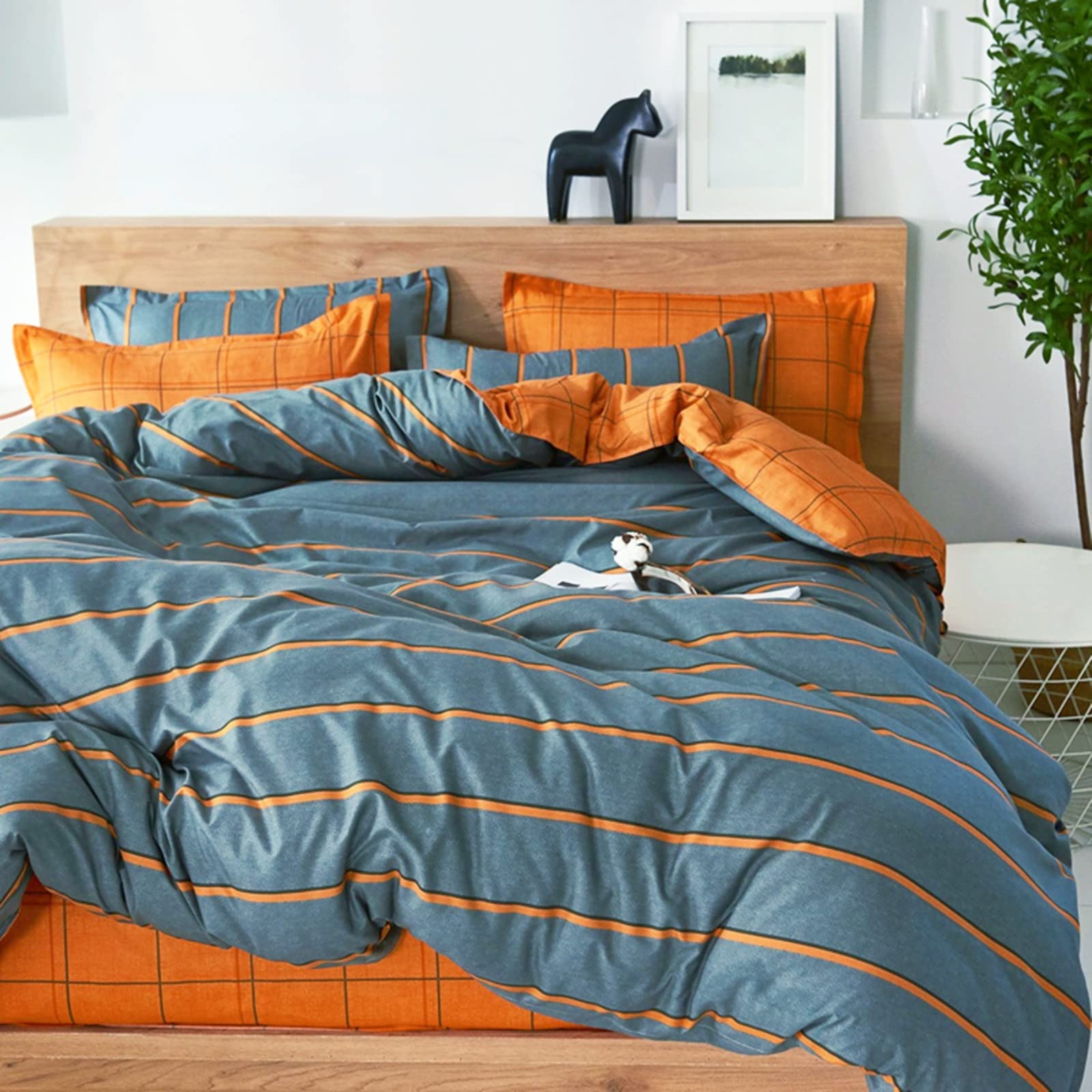 FANSU King Duvet Set Double Sided Bedding Set 4 Pcs With Pillow Cases,Orange&Grey Bedding sets with Zipper Closure,Ultra Soft Anti Allergic Easy Care