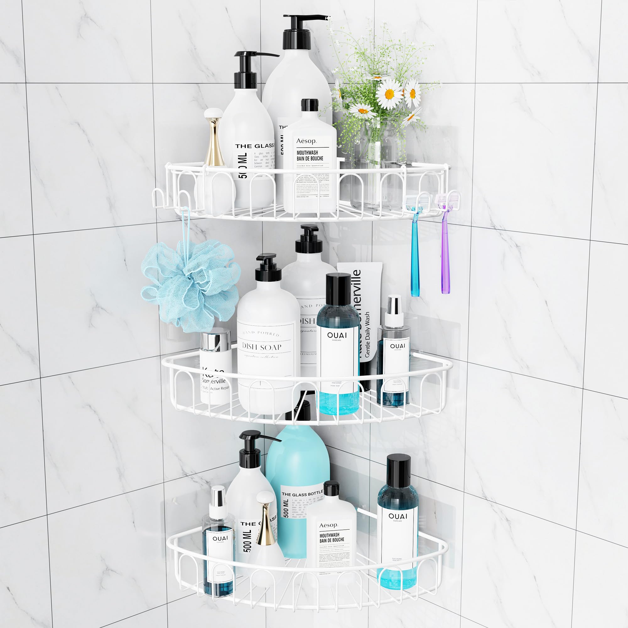 Orimade Corner Shower Caddy Stainless Steel 3 Pack No Drilling,Bathroom Shelf Storage for Inside Shower,Rustproof White