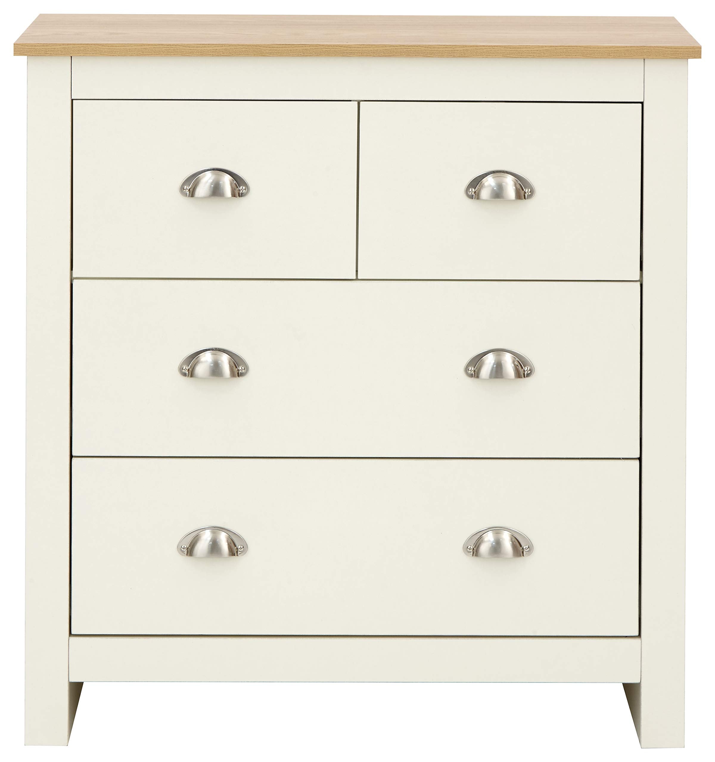 GFW Lancaster Wooden 4 Drawer Chest With Steel Cup Handle & 37.7 Litre Drawers, Modern Bedroom Furniture Chest Of Drawers Storage Unit, Contrast Oak