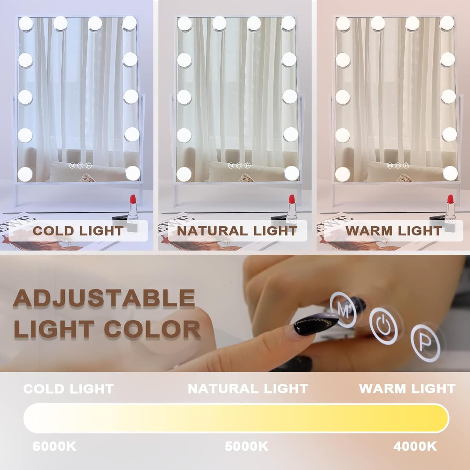 Hansong Hollywood Vanity Mirror with Lights 12 Dimmable LED Bulbs Lighted Makeup Mirror with 3 Color Light & 10X Magnifying Touchscreen Control 360