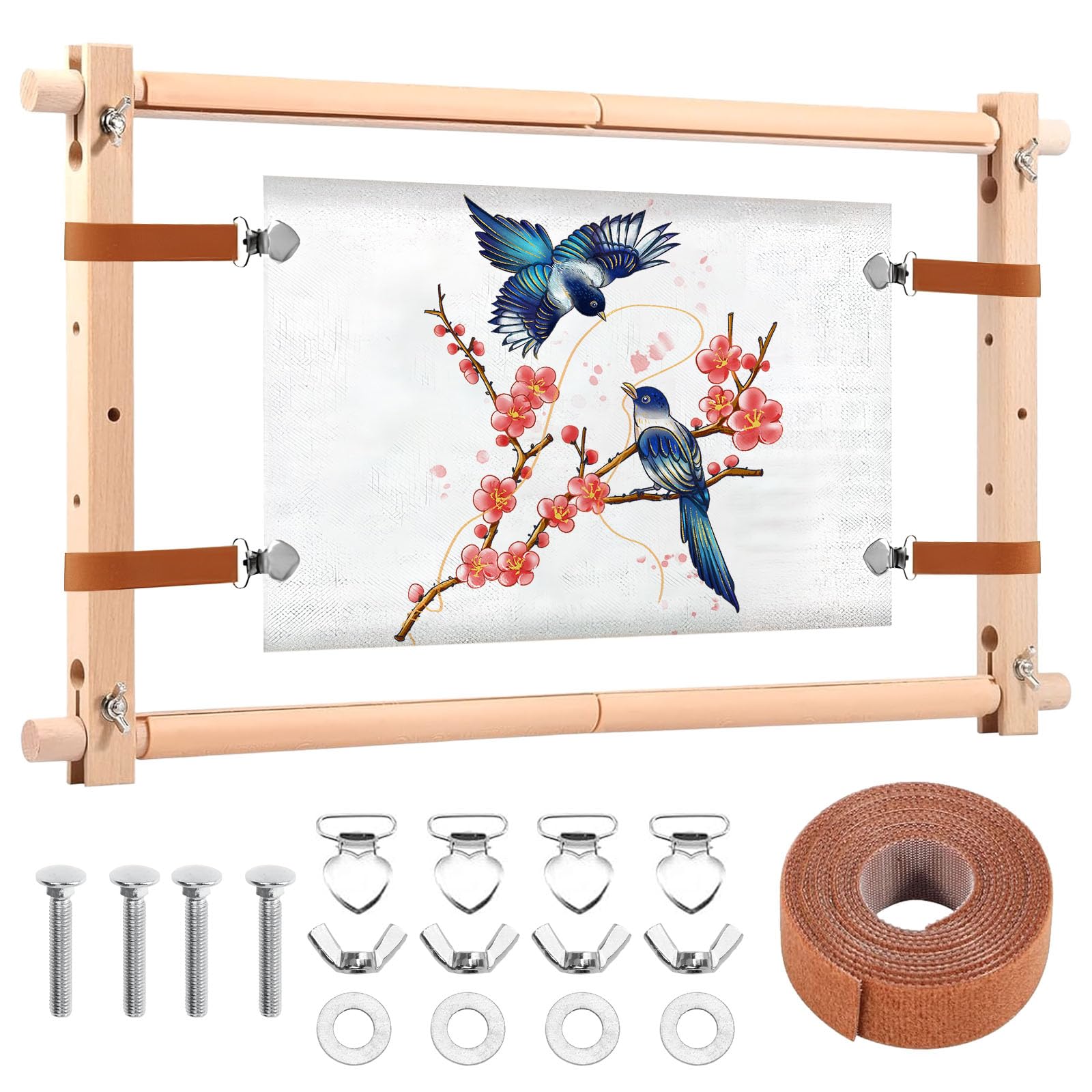 Elyyapt Embroidery Frame Adjustable Wooden Cross Stitch Frame Needlepoint Embroidery Tapestry Scroll Frames Needlepoint Stretcher Frames Square Punch