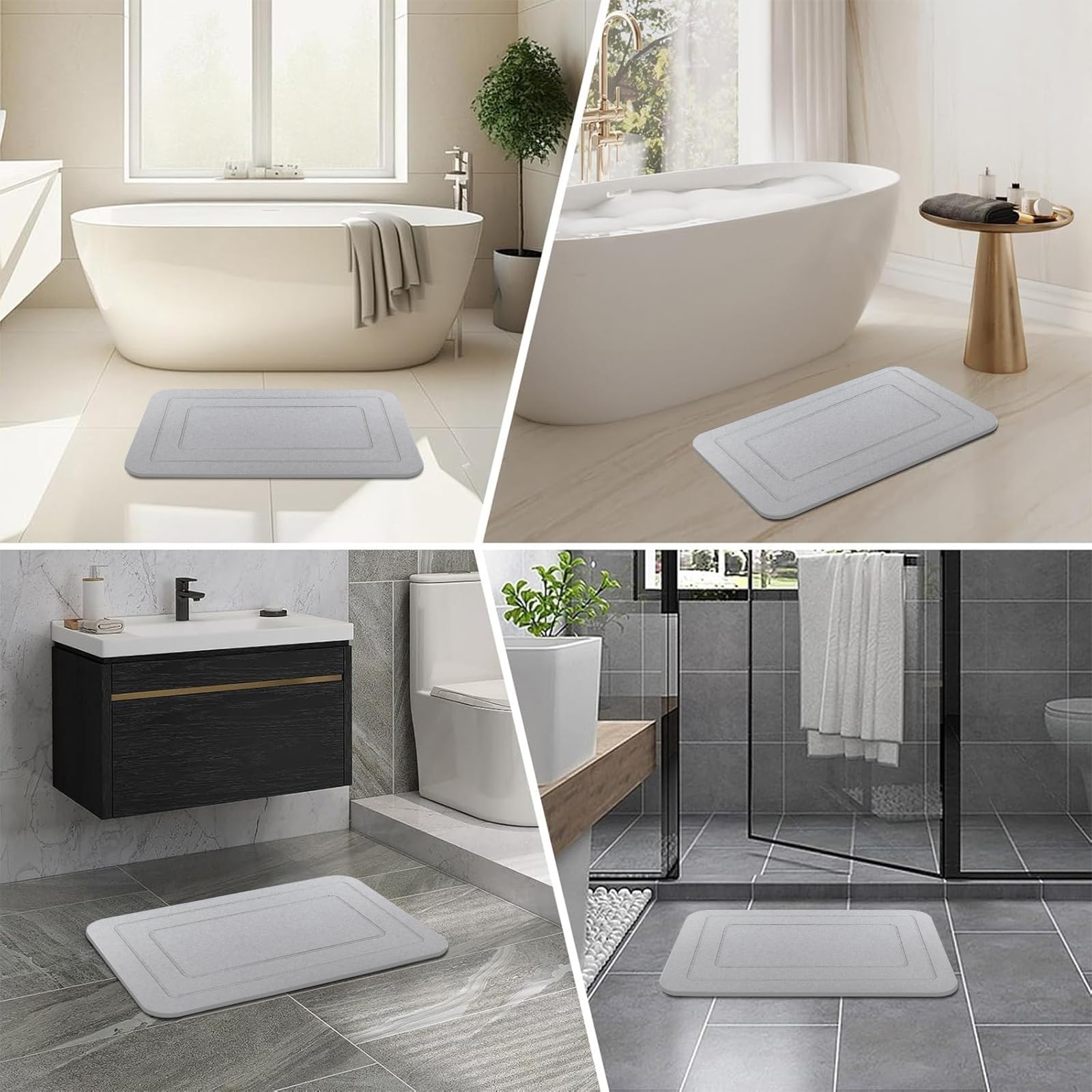 HUMIGA 2 Pack Stone Bath Mat, Diatomaceous Earth Shower Mat, Non-Slip Super Absorbent Quick Drying Bathroom Kitchen Floor Mat (Pale Gray, 24x15)