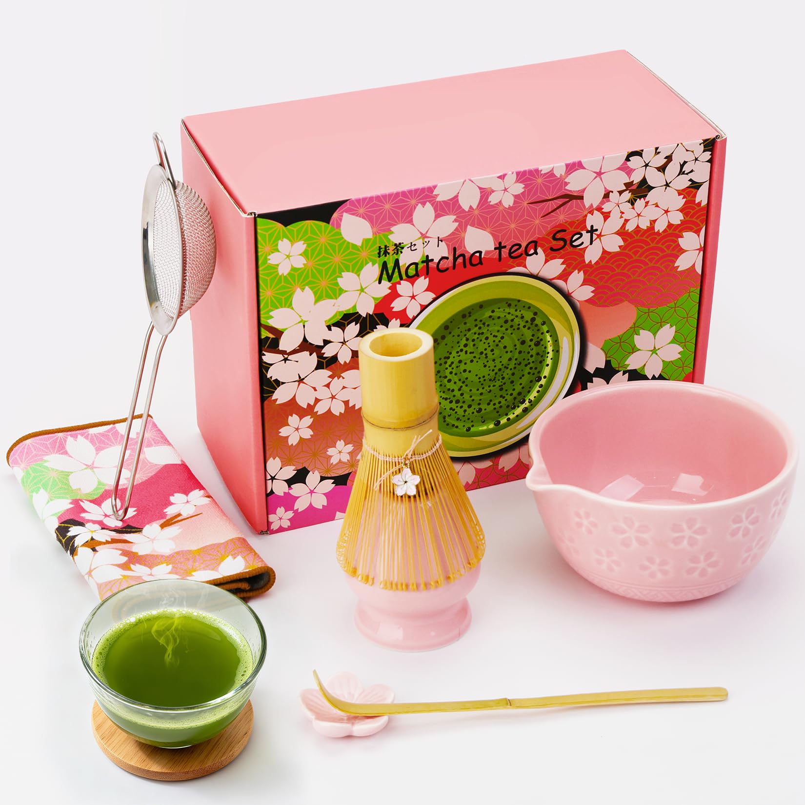Matcha Set - 7 Pcs Matcha Powder Kit for Ceremony, Ceramic Bowl, Whisk Holder, Bamboo Whisk, Scoop, Stainless Steel Strainer & Tea Towel, Perfect for