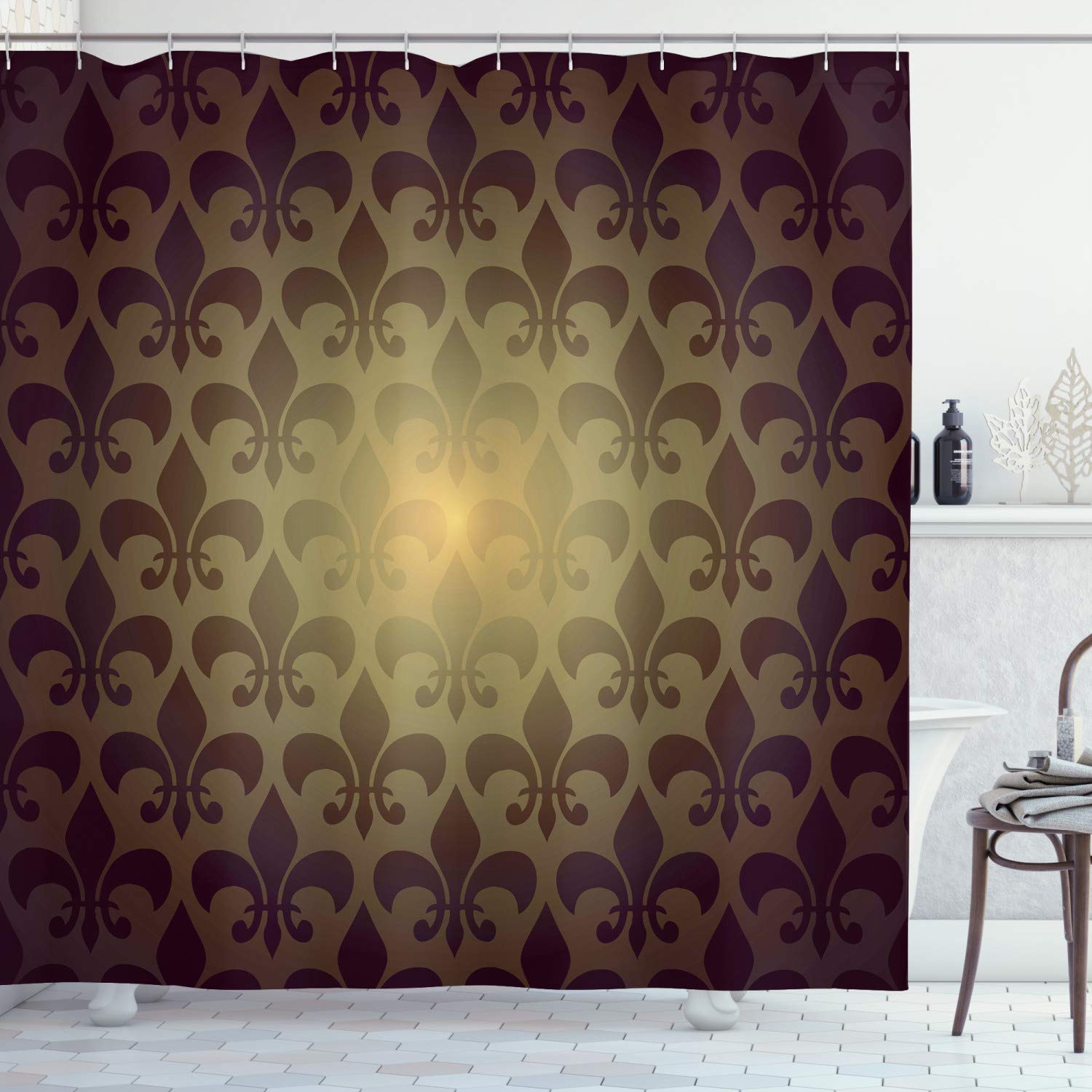 ABAKUHAUS Fleur De Lis Shower Curtain, Royal Lily Flower Inspired Floral Baroque Style Dark Pattern Modern Style Artwork, Cloth Fabric Bathroom Decor