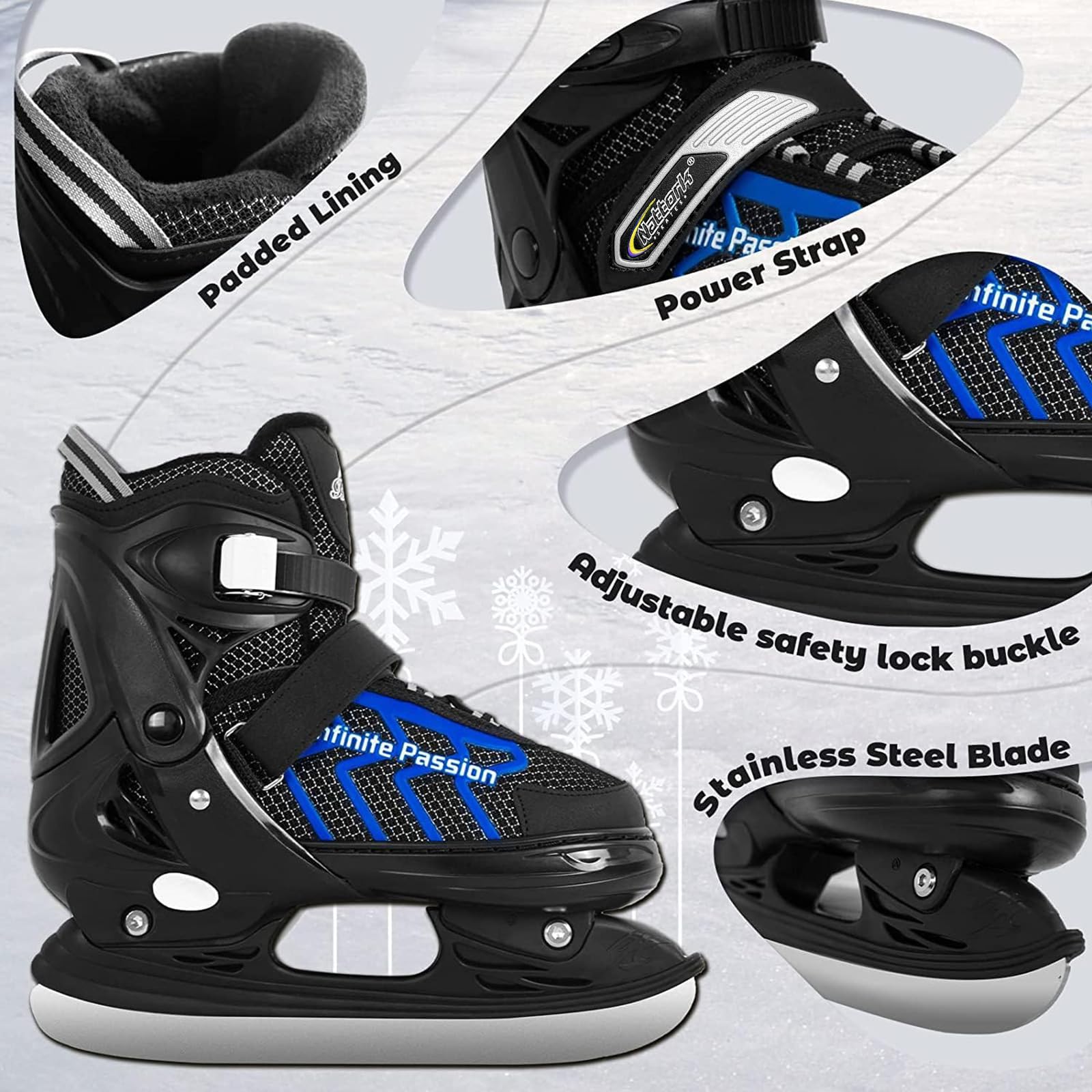 Nattork Adjustable Toddler Ice Skate for Boys Soft Padding and Reinforced Ankle Support Ice Hockey Skates (Blue, Large (37-41))