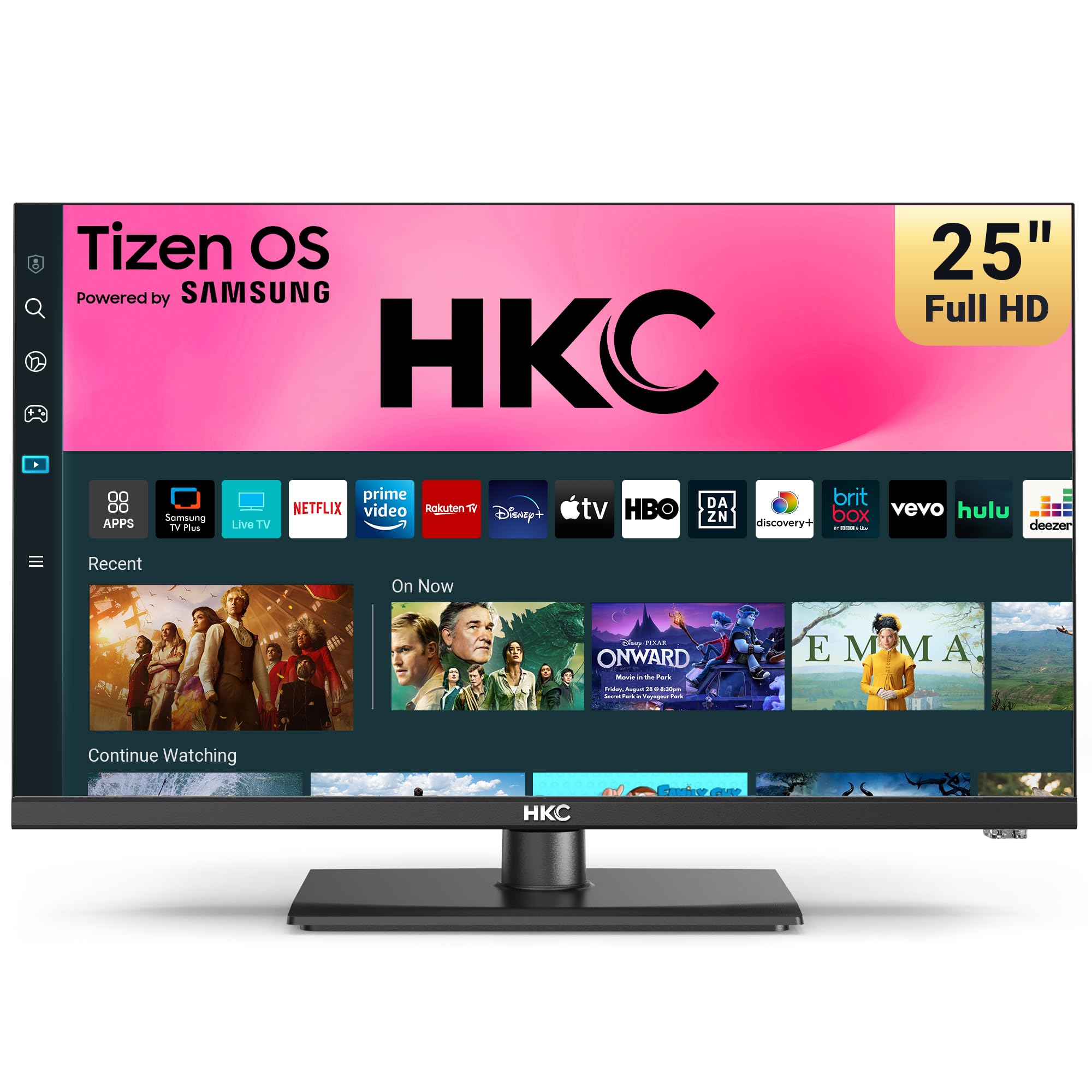 HKC 24 Inch Full HD/FHD 1080P Smart TV, 25 Inch Tizen OS Central Stand Design Television with Netflix Disney+ Gaming Hub Dolby Audio, Made in the UK